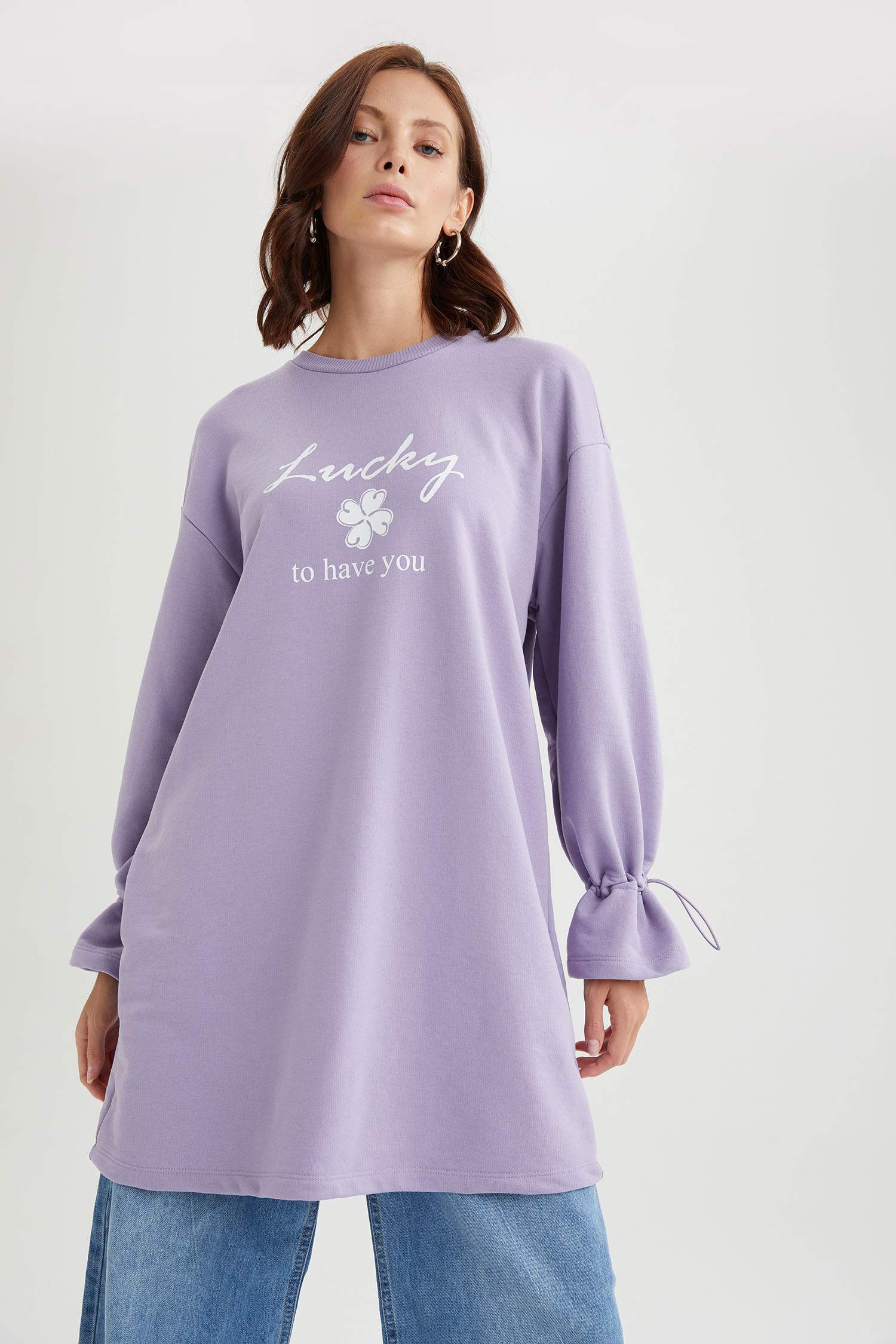Relax Fit Bisiklet Yaka Baskılı Sweat Tunik