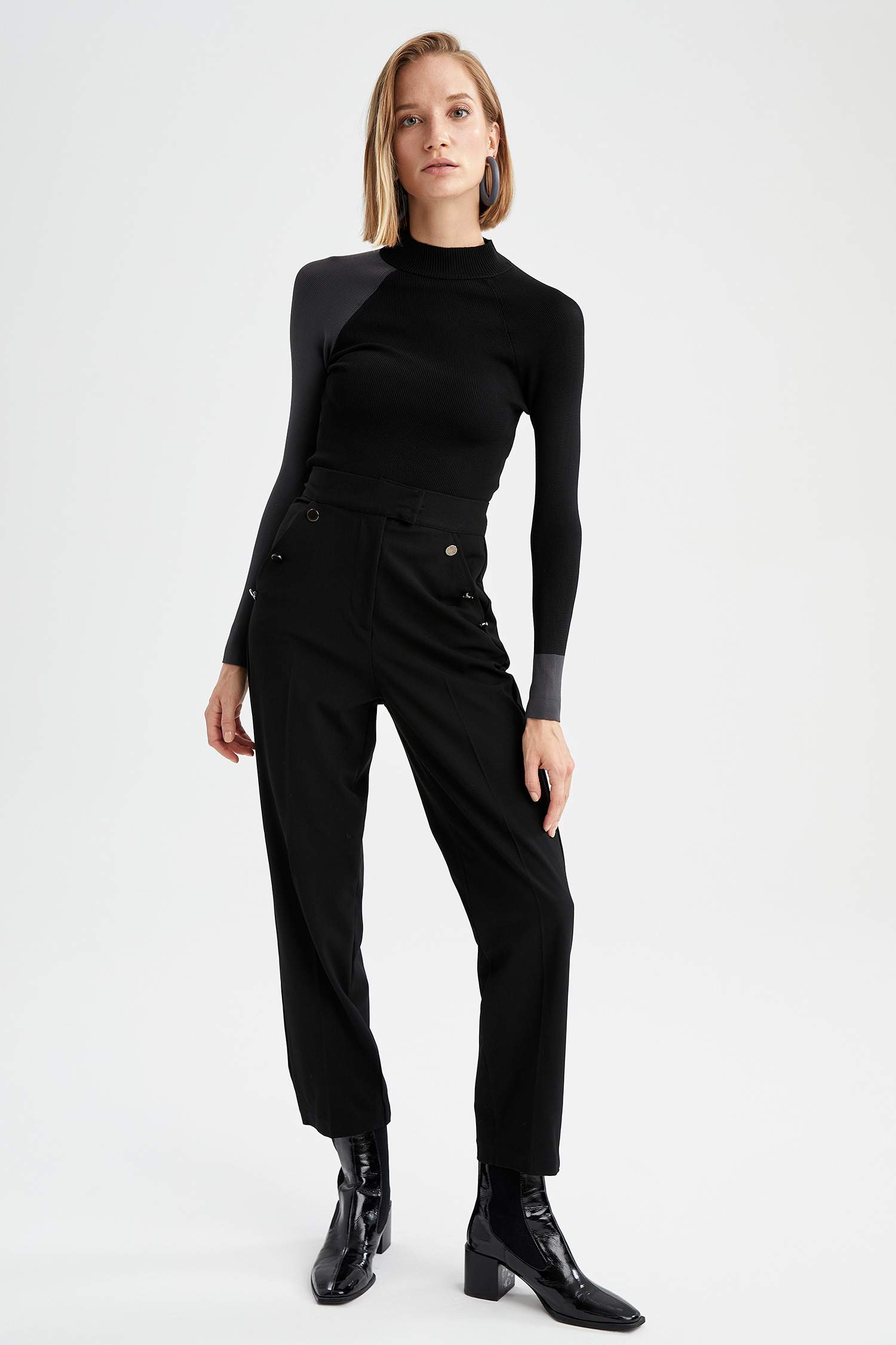 Renk Bloklu Balıkçı Yaka Slim Fit Triko Kazak
