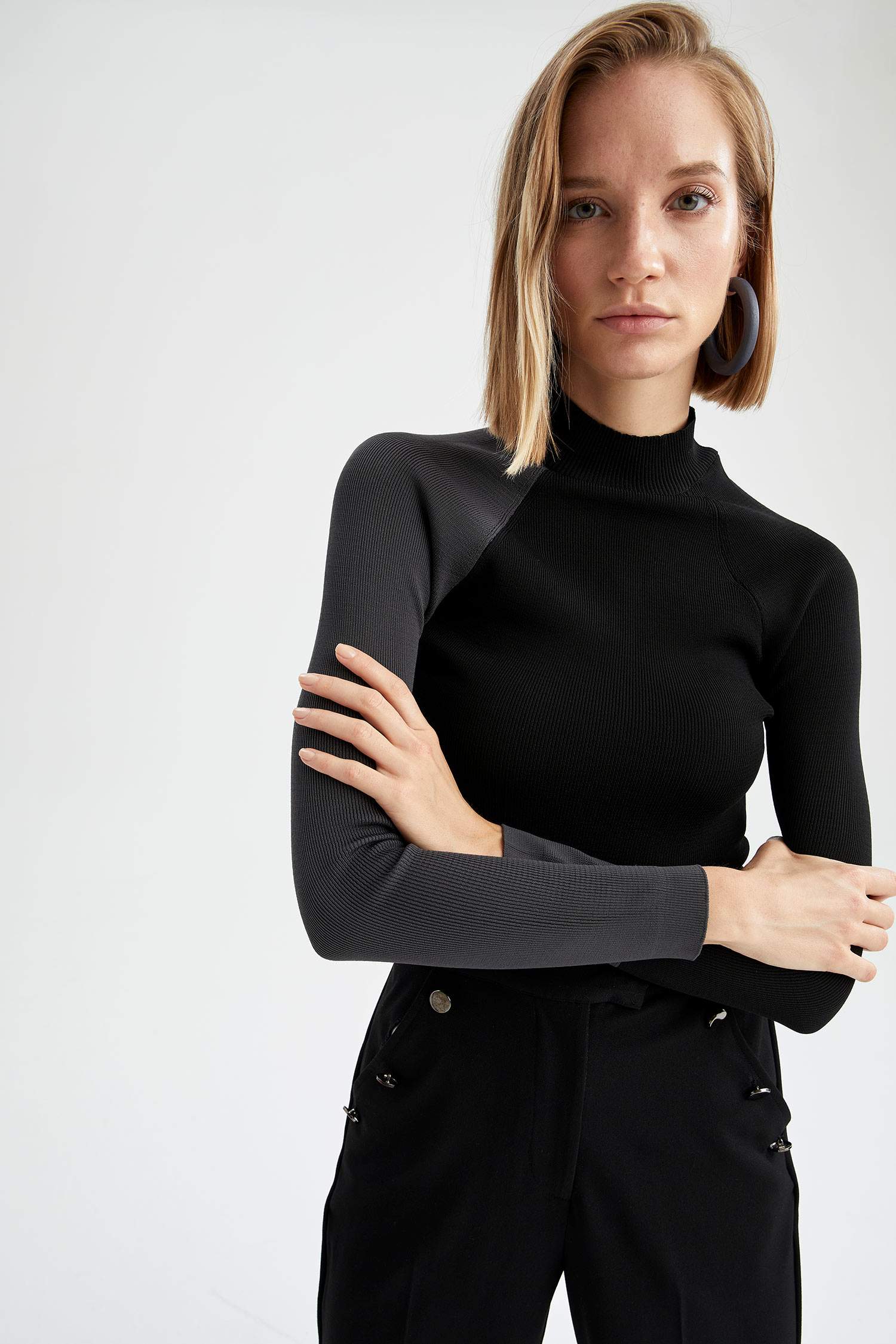 Renk Bloklu Balıkçı Yaka Slim Fit Triko Kazak