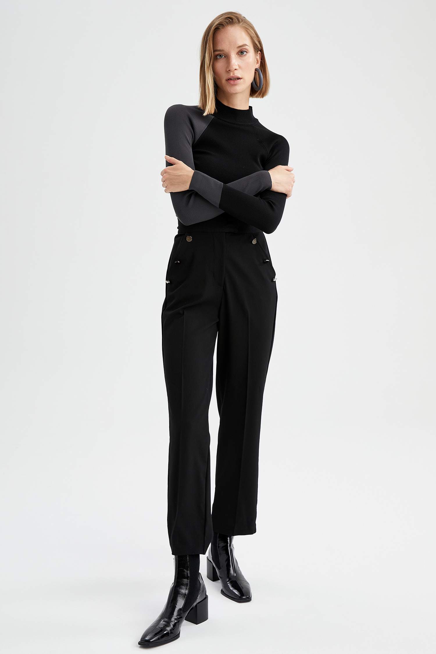 Renk Bloklu Balıkçı Yaka Slim Fit Triko Kazak