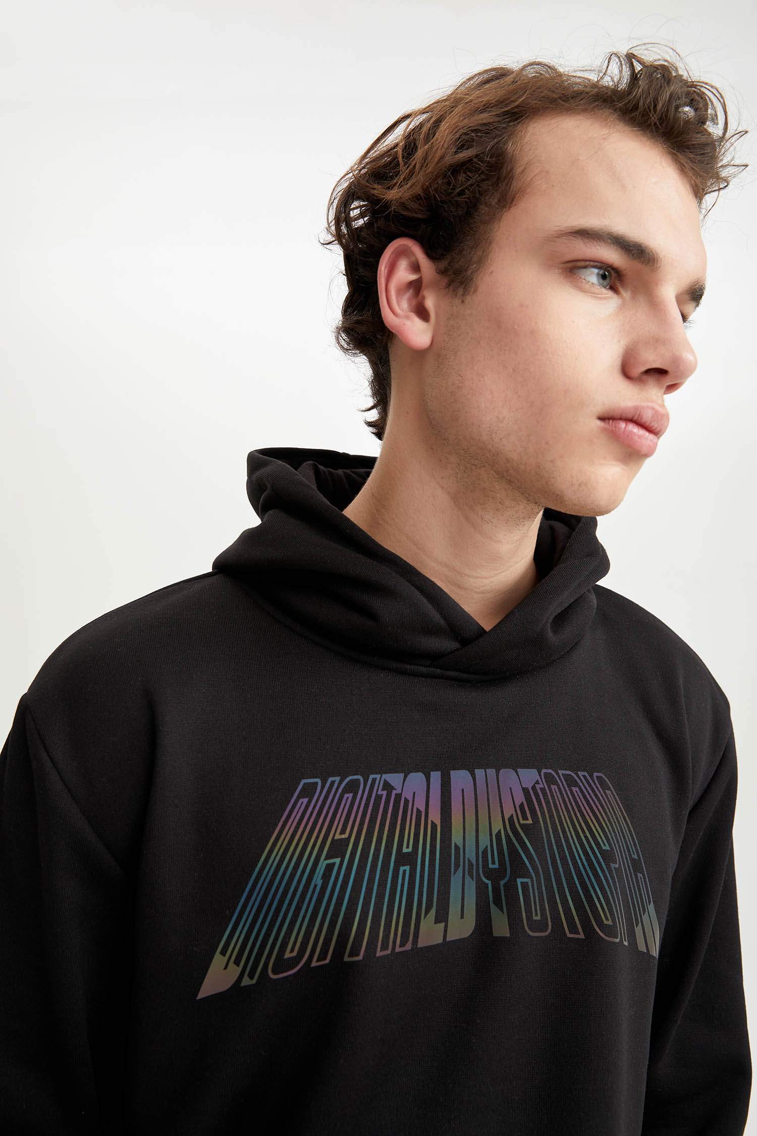 Coool Regular Fit Kapüşonlu Baskılı İçi Yumuşak Tüylü Uzun Kollu Sweatshirt