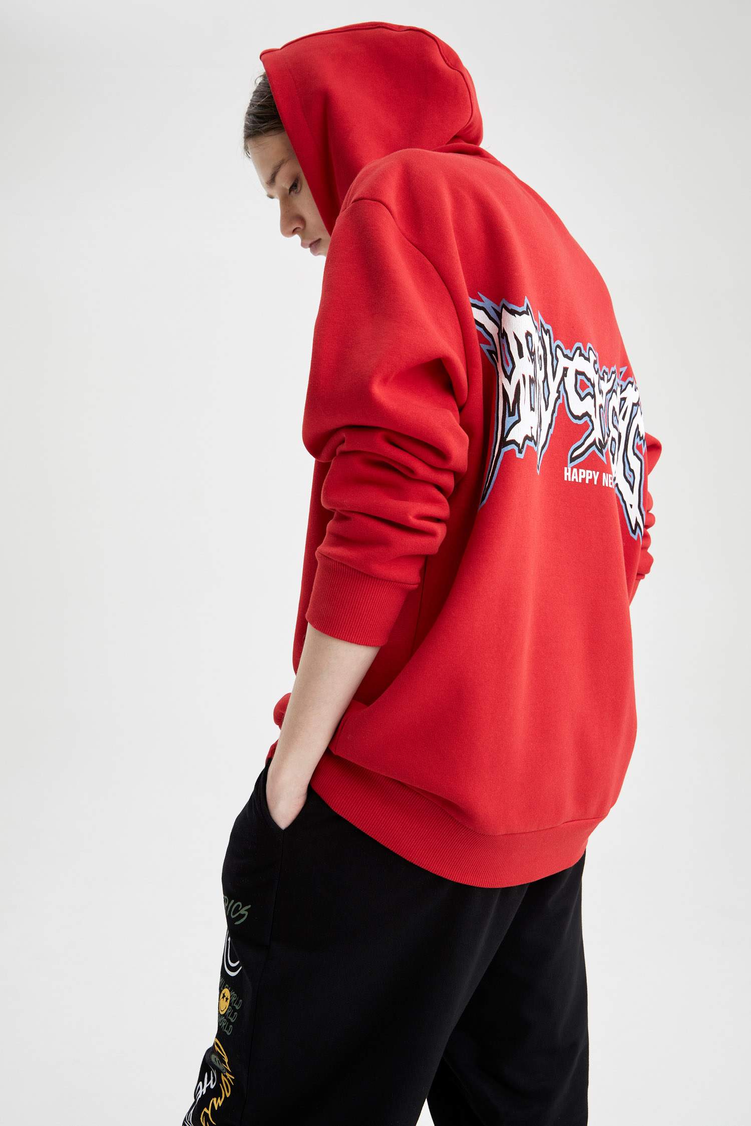 Coool Oversize Fit Yılbaşı Temalı Kapüşonlu Sırt Baskılı Sweatshirt
