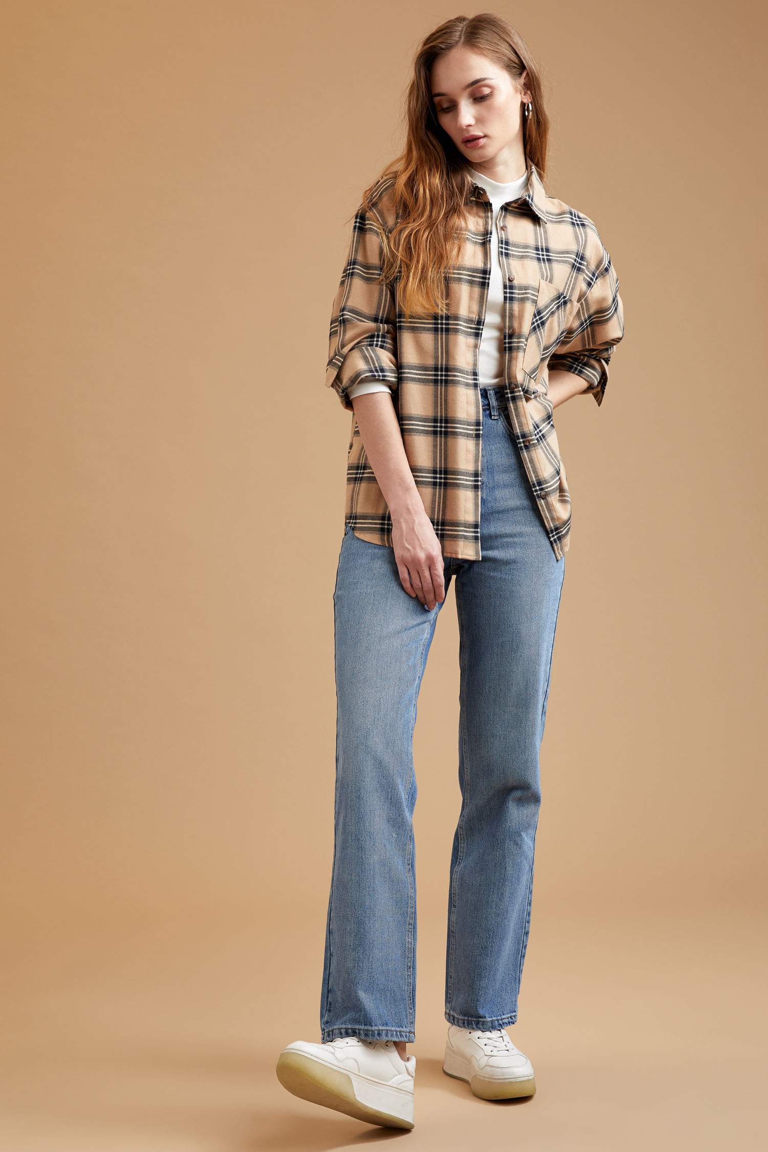 Oversize Fit Kareli Uzun Kollu Flanel Oduncu Gömlek