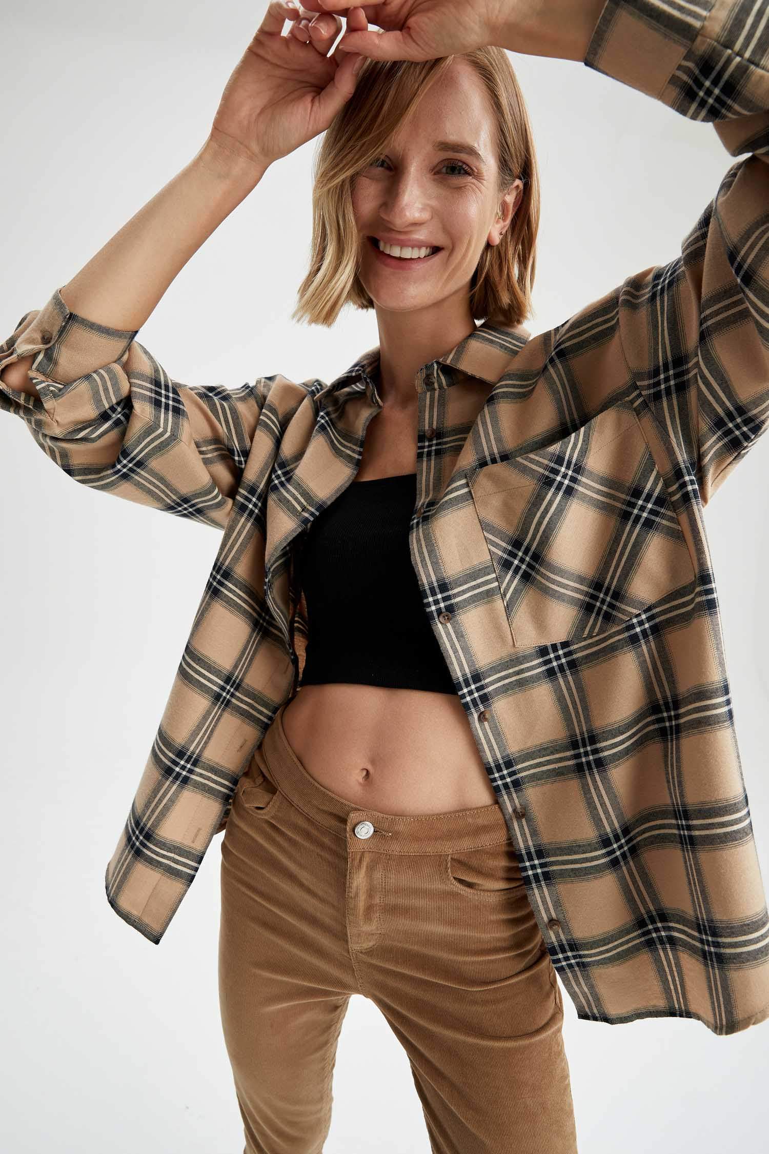 Oversize Fit Kareli Uzun Kollu Flanel Oduncu Gömlek