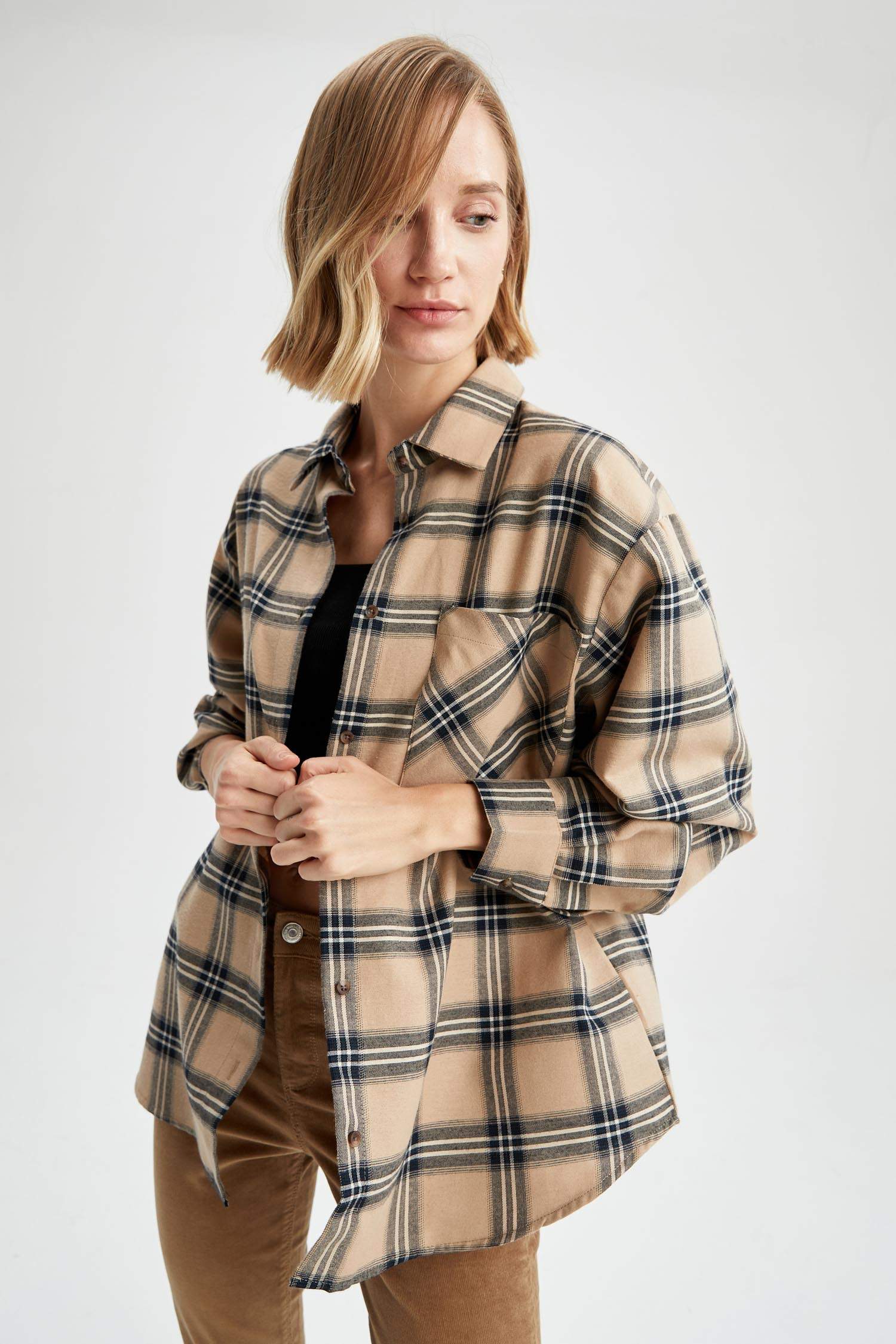 Oversize Fit Kareli Uzun Kollu Flanel Oduncu Gömlek