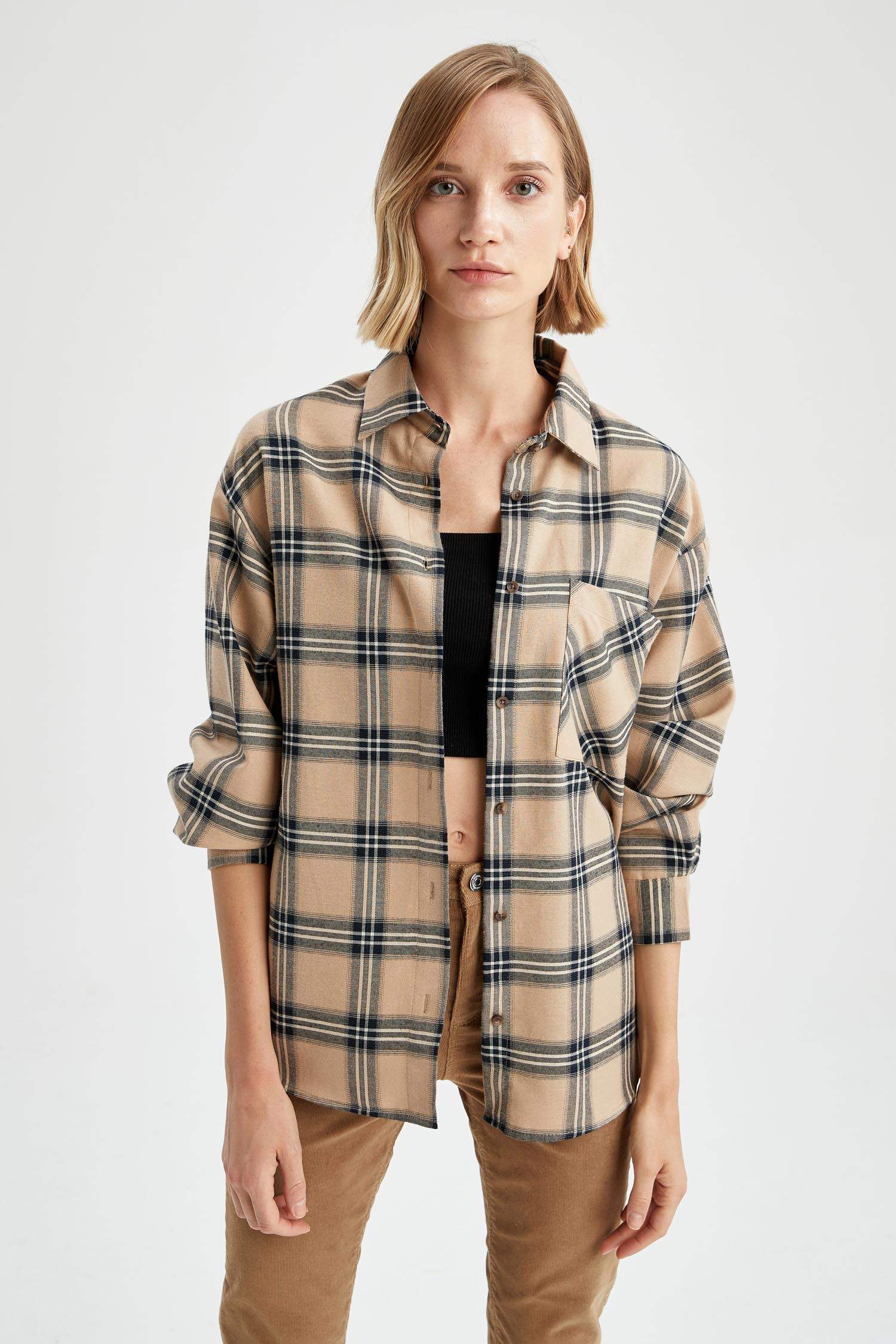 Oversize Fit Kareli Uzun Kollu Flanel Oduncu Gömlek