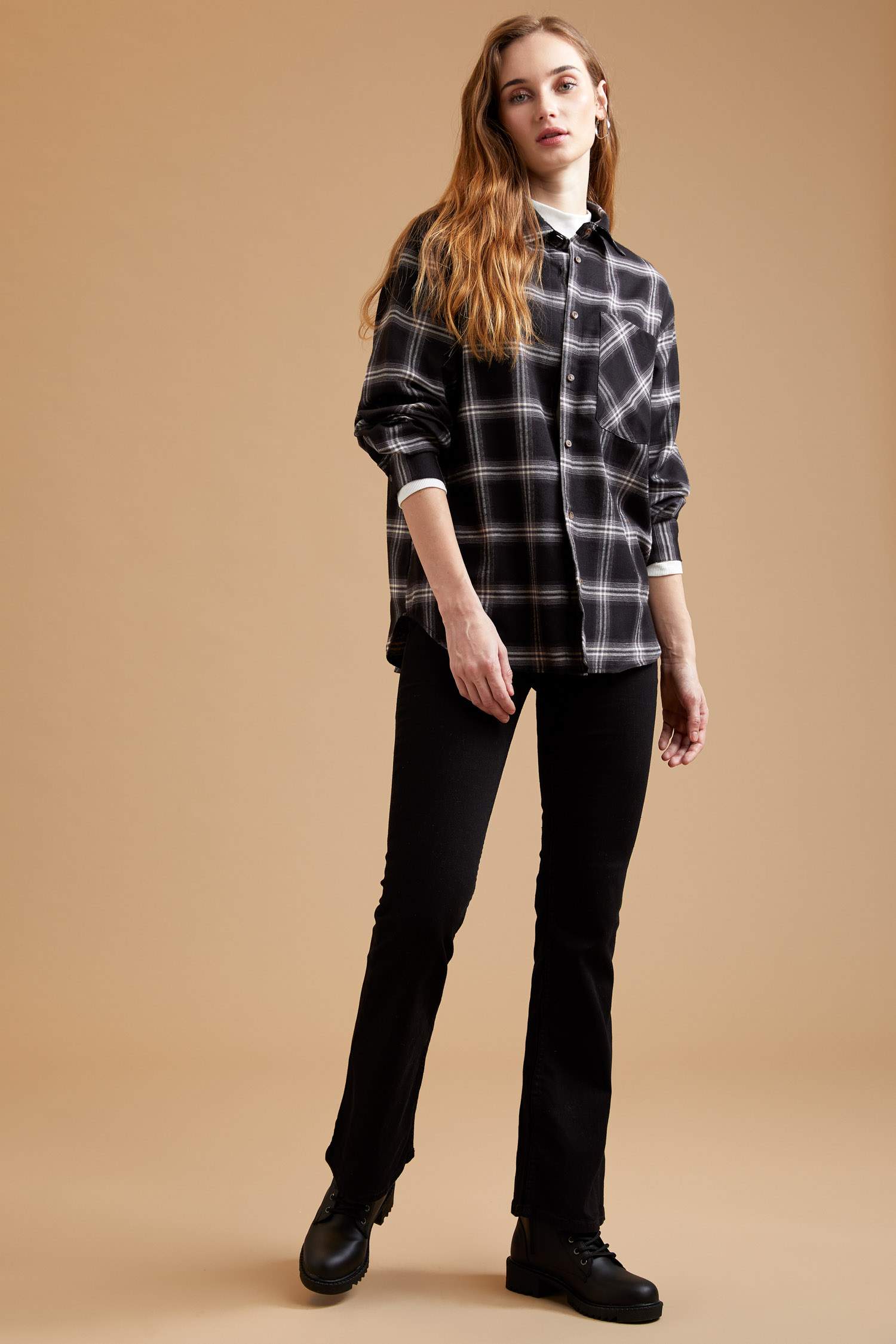 Oversize Fit Kareli Uzun Kollu Flanel Oduncu Gömlek