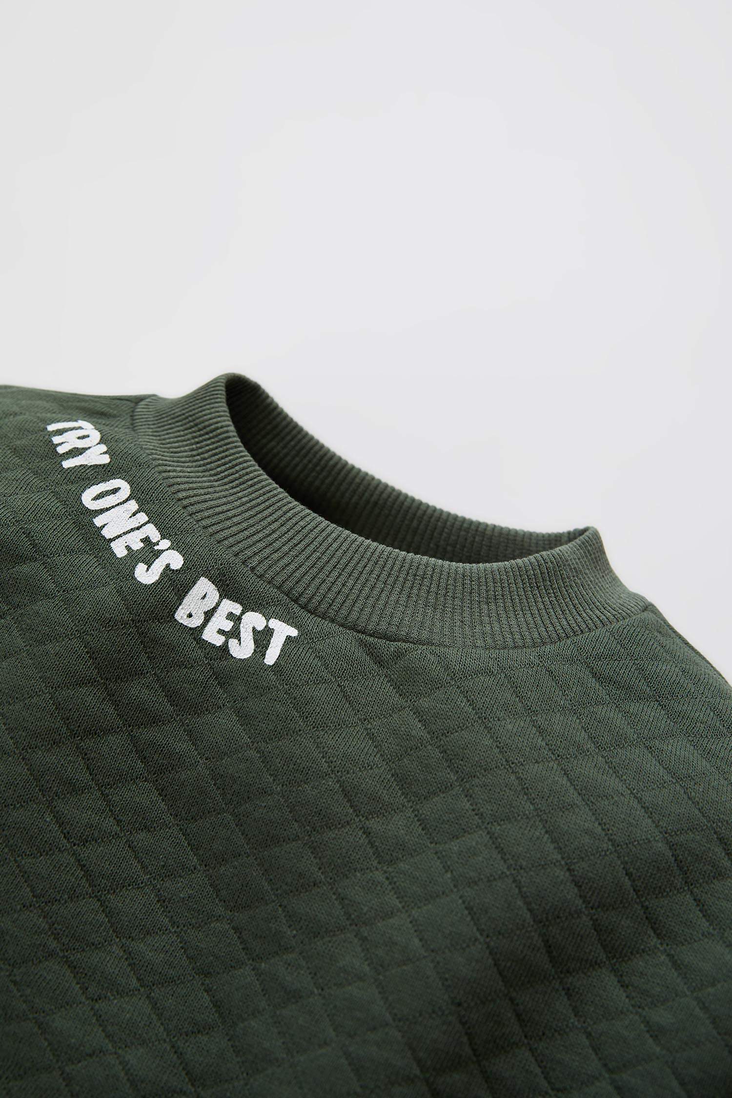 Erkek Bebek Regular Fit Kapitoneli Bisiklet Yaka Baskılı Kanguru Cepli Pamuklu Sweatshirt
