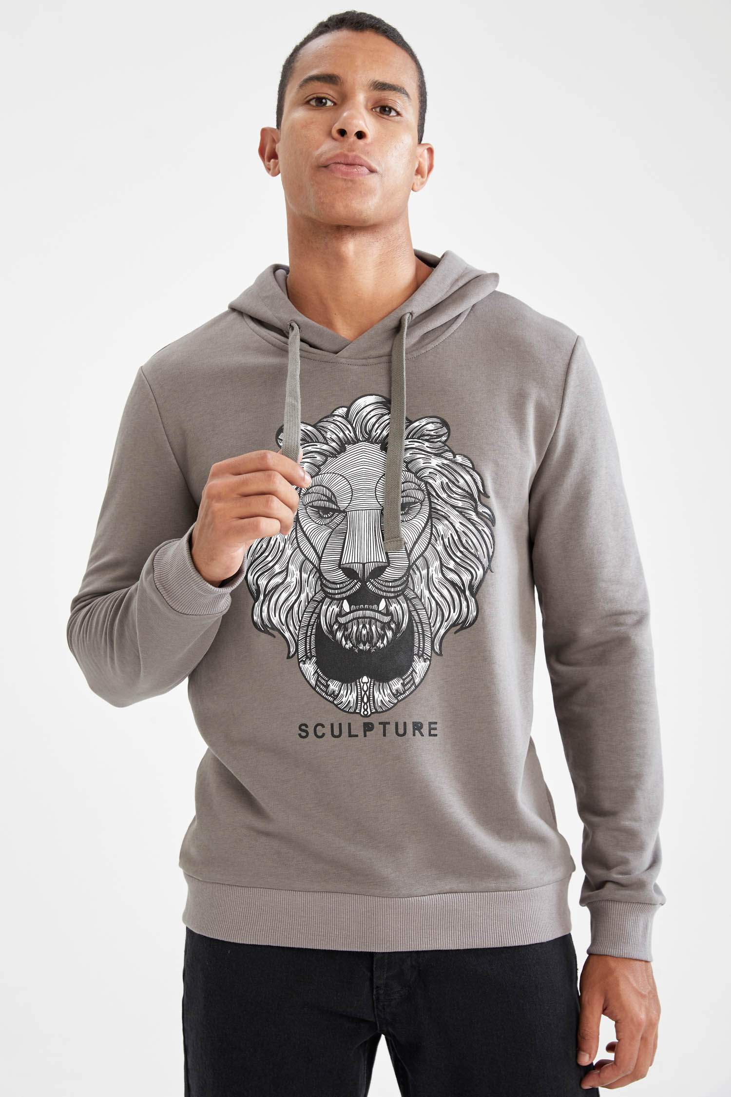 Slim Fit Kapüşonlu BaskılıPamuklu Sweatshirt