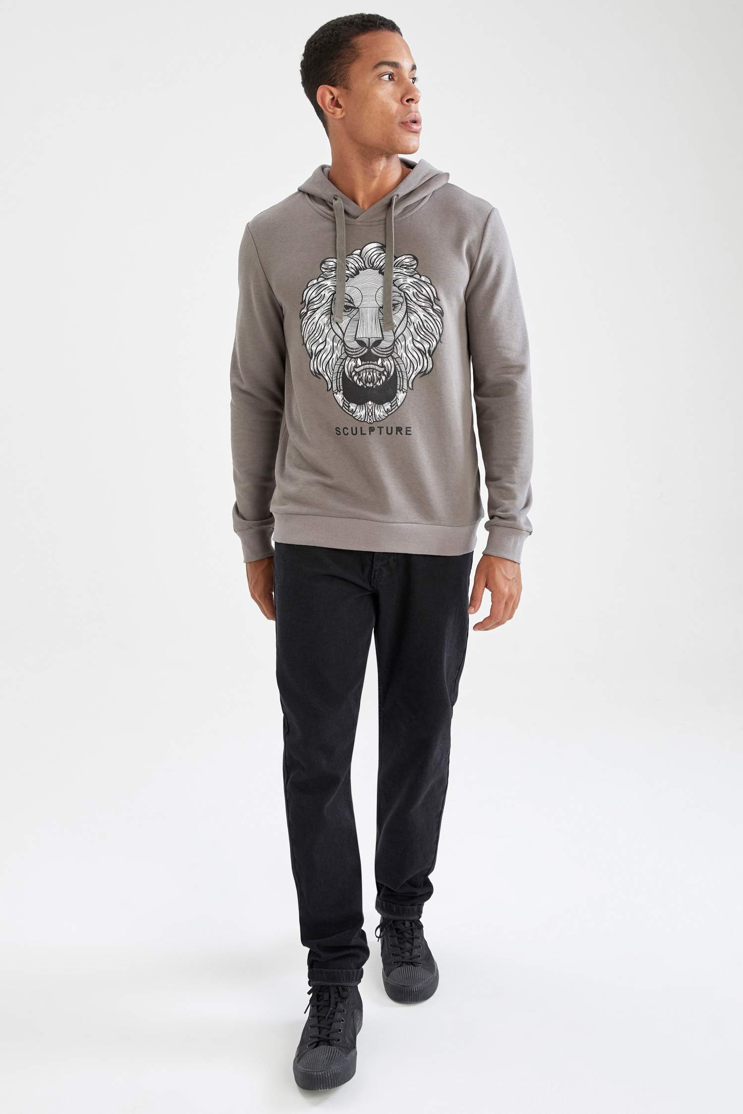 Slim Fit Kapüşonlu BaskılıPamuklu Sweatshirt