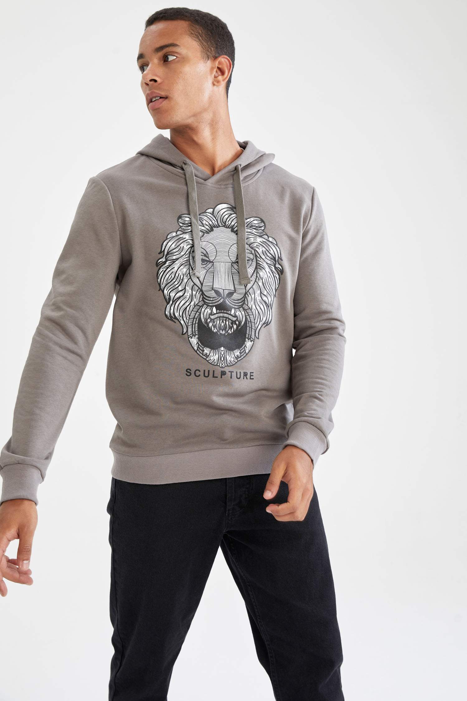 Slim Fit Kapüşonlu BaskılıPamuklu Sweatshirt