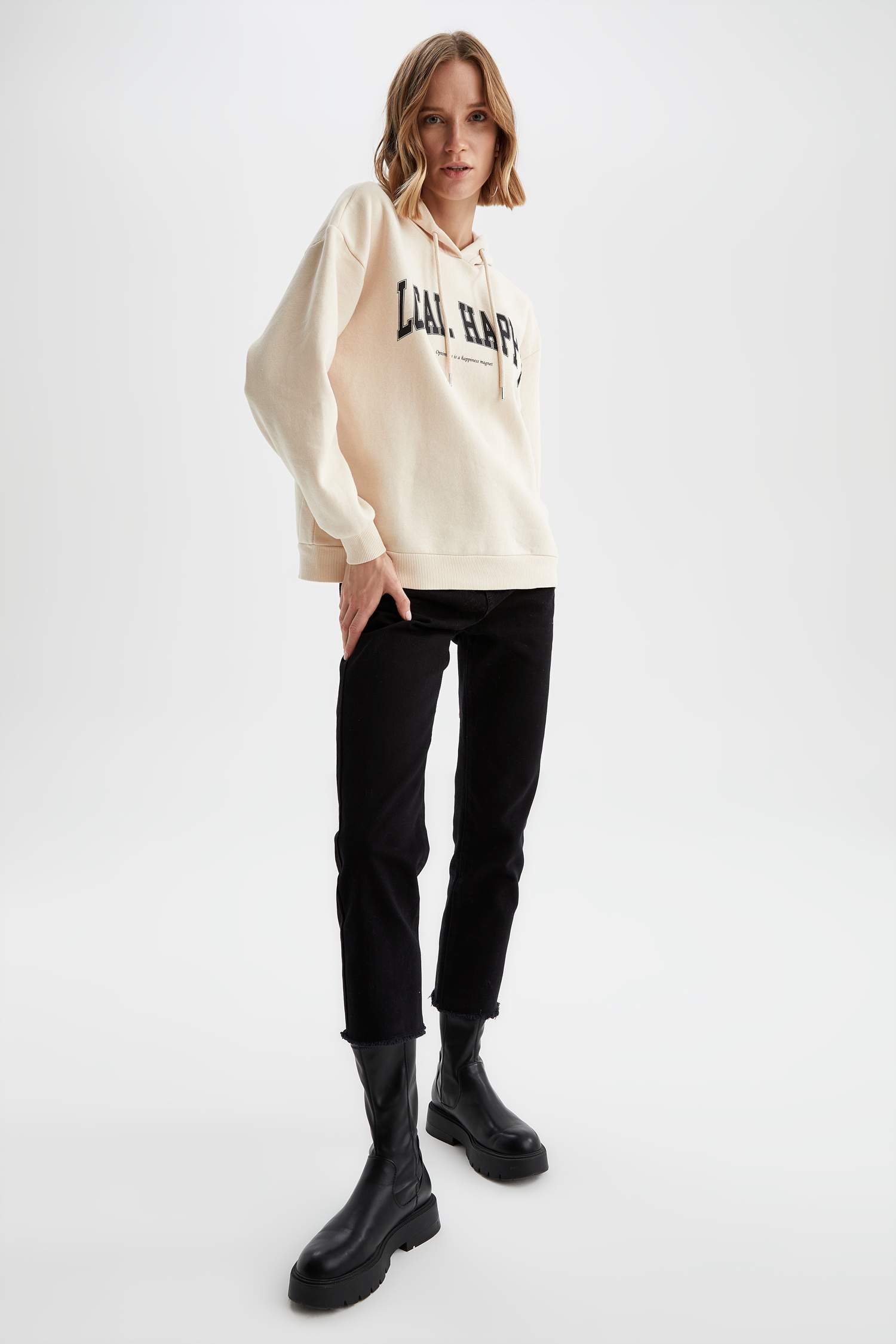 Kapüşonlu Baskılı Relax Fit İçi Yumuşak Tüylü Sweatshirt