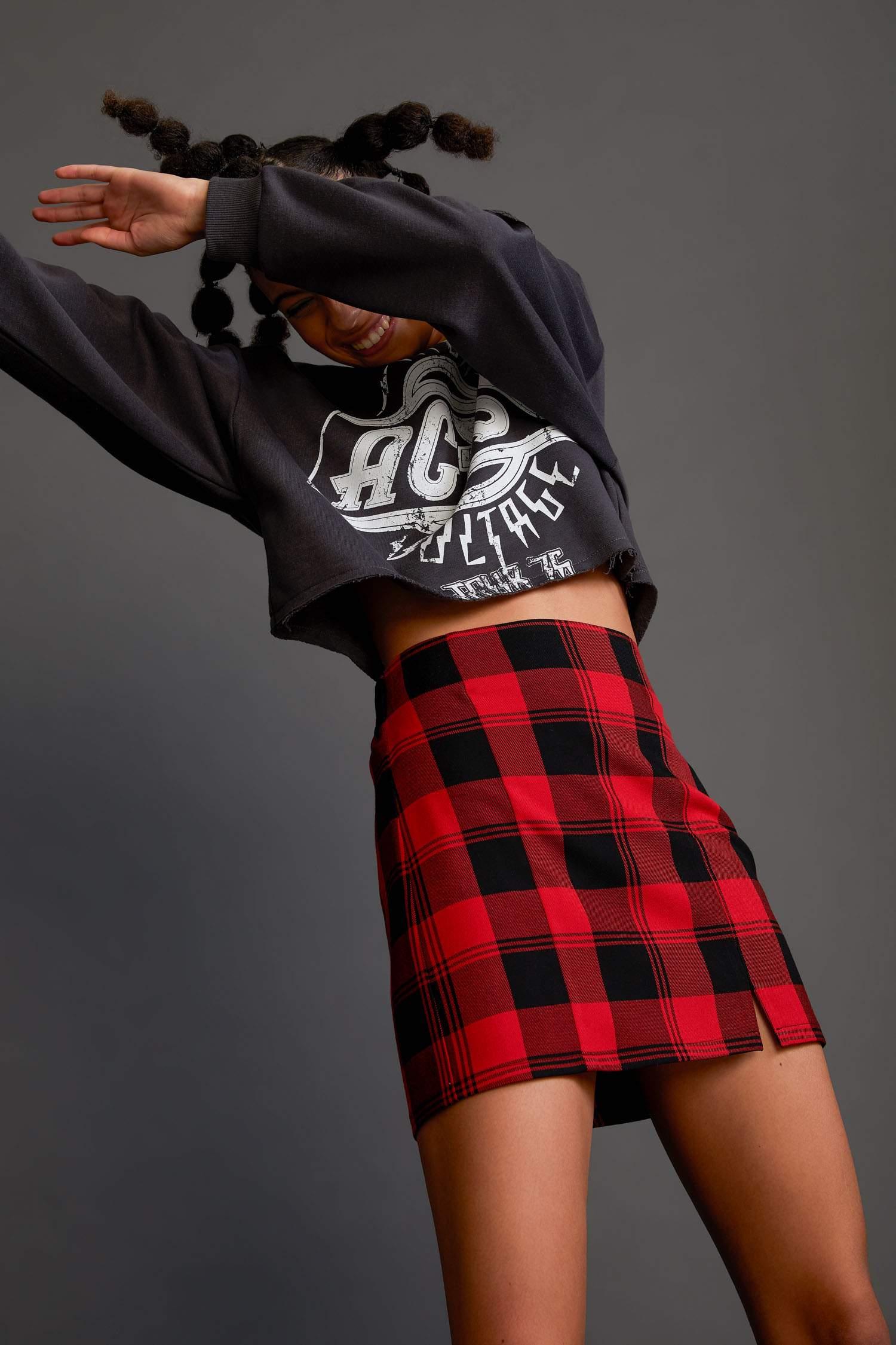 Coool Regular Fit Kareli Esnek Bel Mini Etek