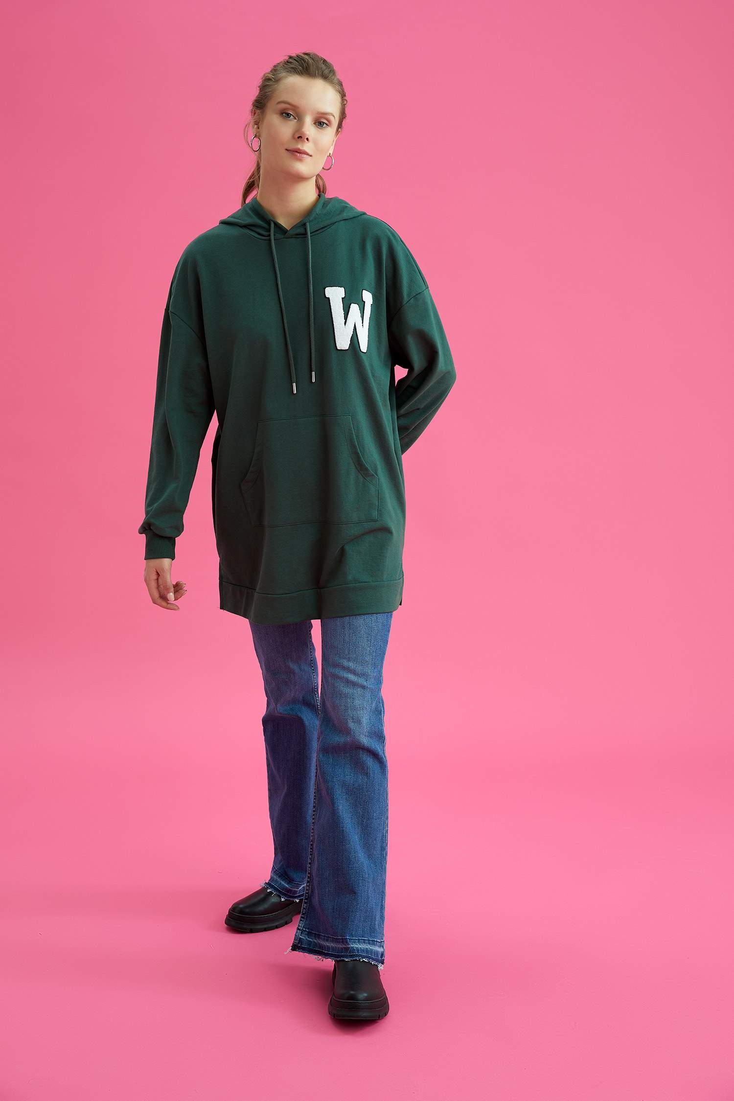 Kapüşonlu Kanguru Cepli Relax Fit Sweat Tunik