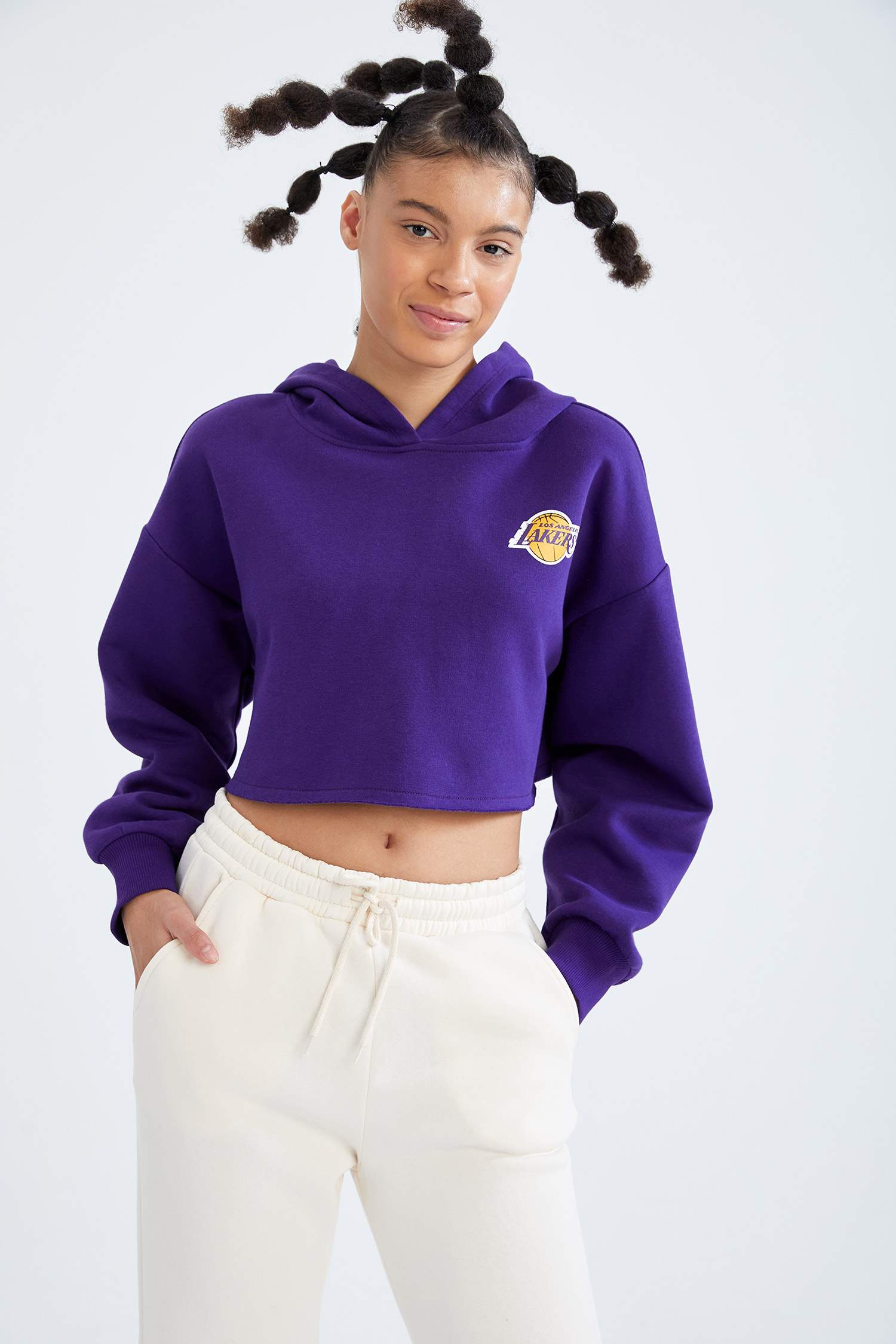 NBA Los Angeles Lakers Kapüşonlu Relax Fit Crop Sweatshirt