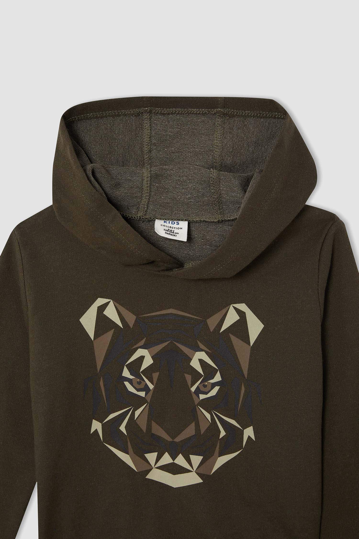 Erkek Çocuk Regular Fit Kaplan Baskılı Kapüşonlu İçi Yumuşak Tüylü Sweatshirt
