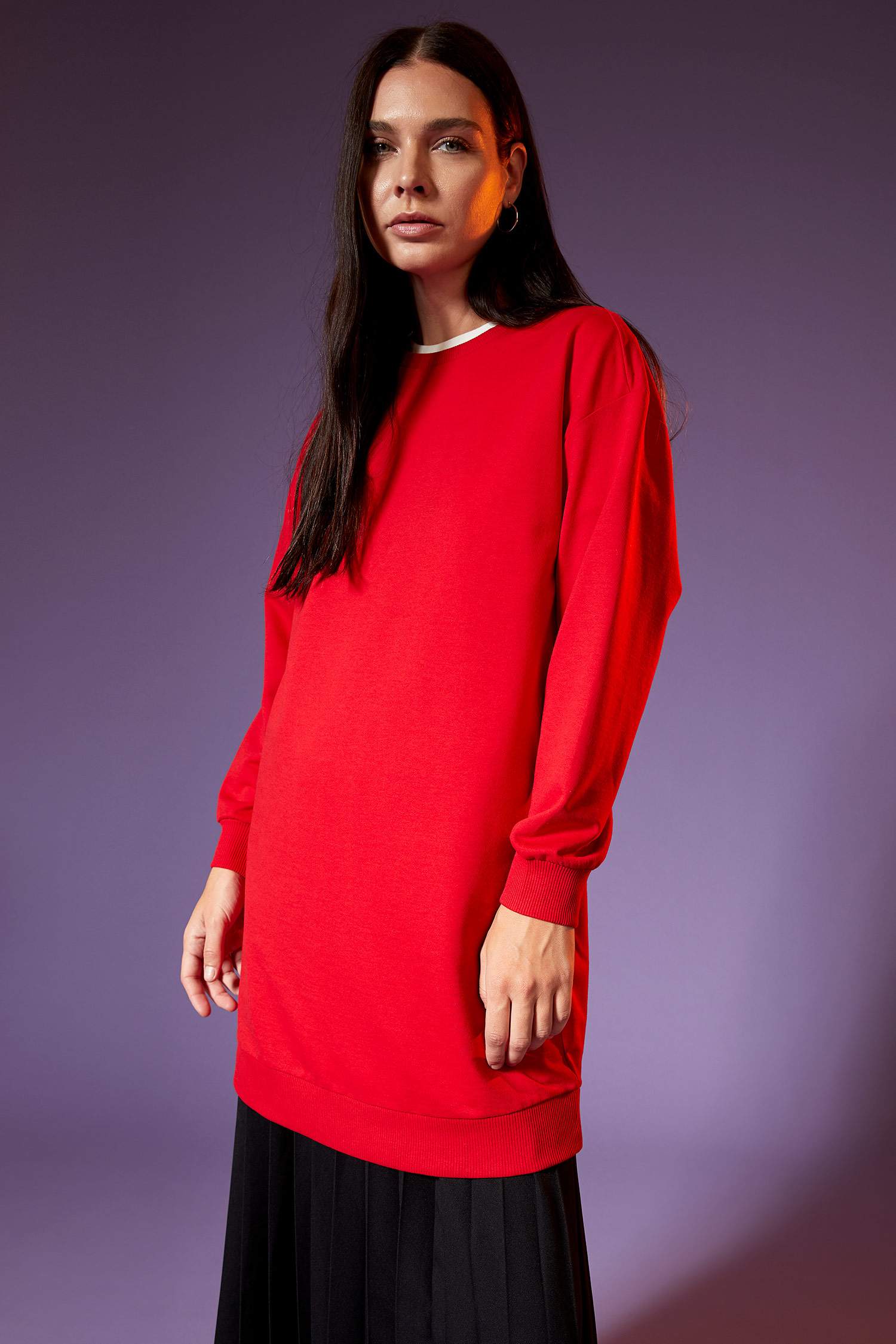 Basic Ribana Kollu Pamuklu Oversize Fit İçi Yumuşak Tüylü Sweat Tunik