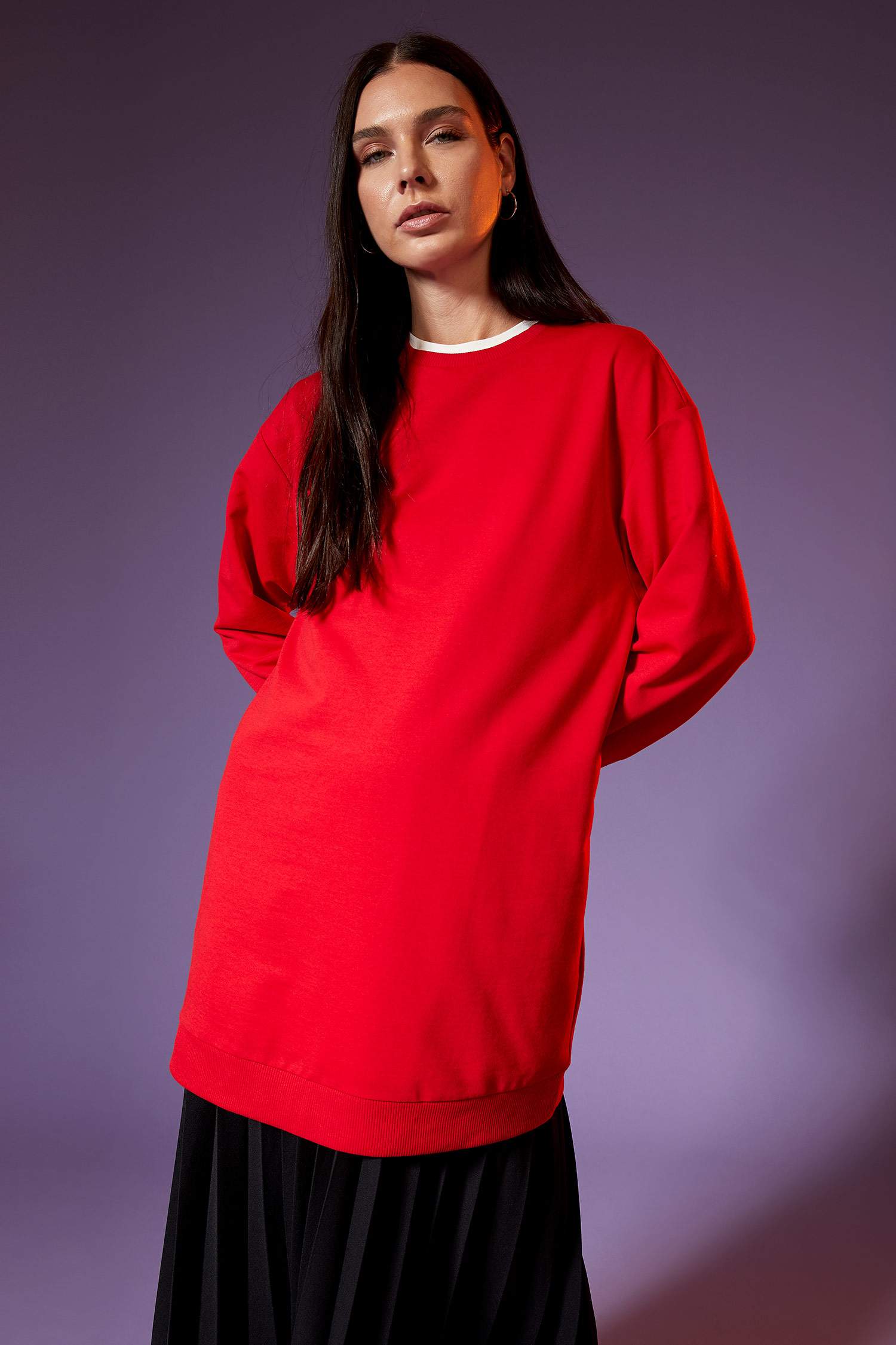 Basic Ribana Kollu Pamuklu Oversize Fit İçi Yumuşak Tüylü Sweat Tunik