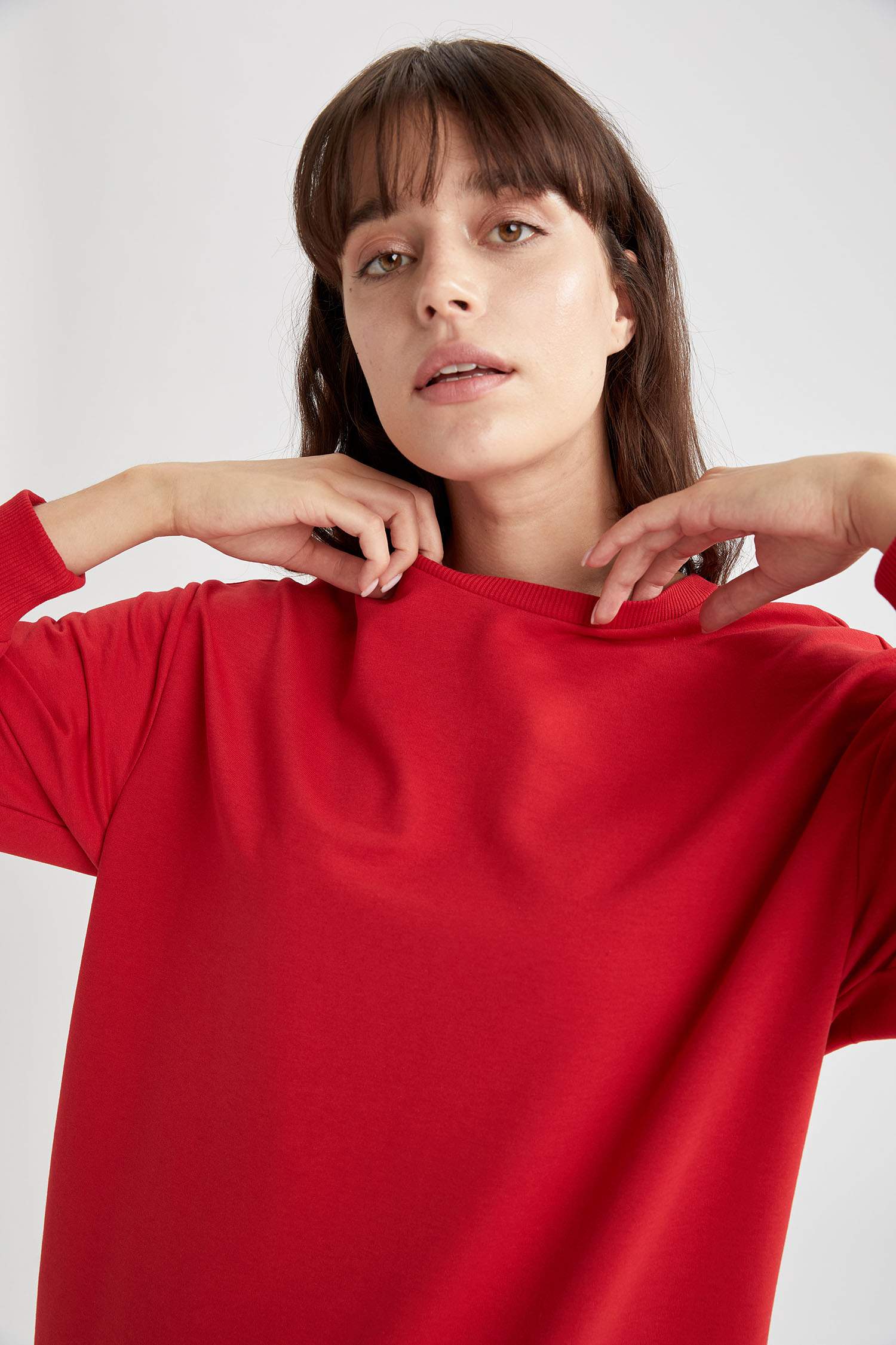 Basic Ribana Kollu Pamuklu Oversize Fit İçi Yumuşak Tüylü Sweat Tunik