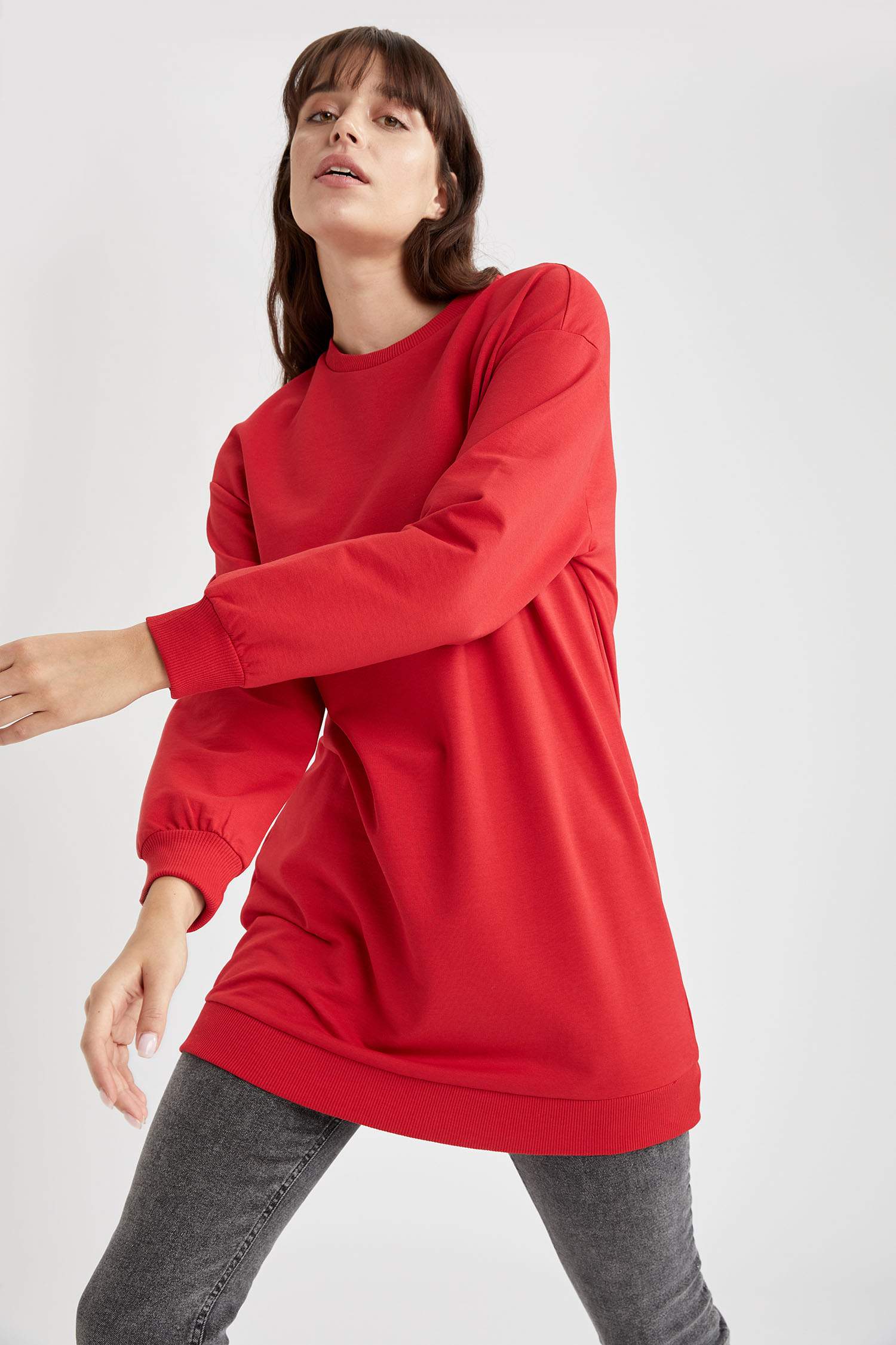 Basic Ribana Kollu Pamuklu Oversize Fit İçi Yumuşak Tüylü Sweat Tunik