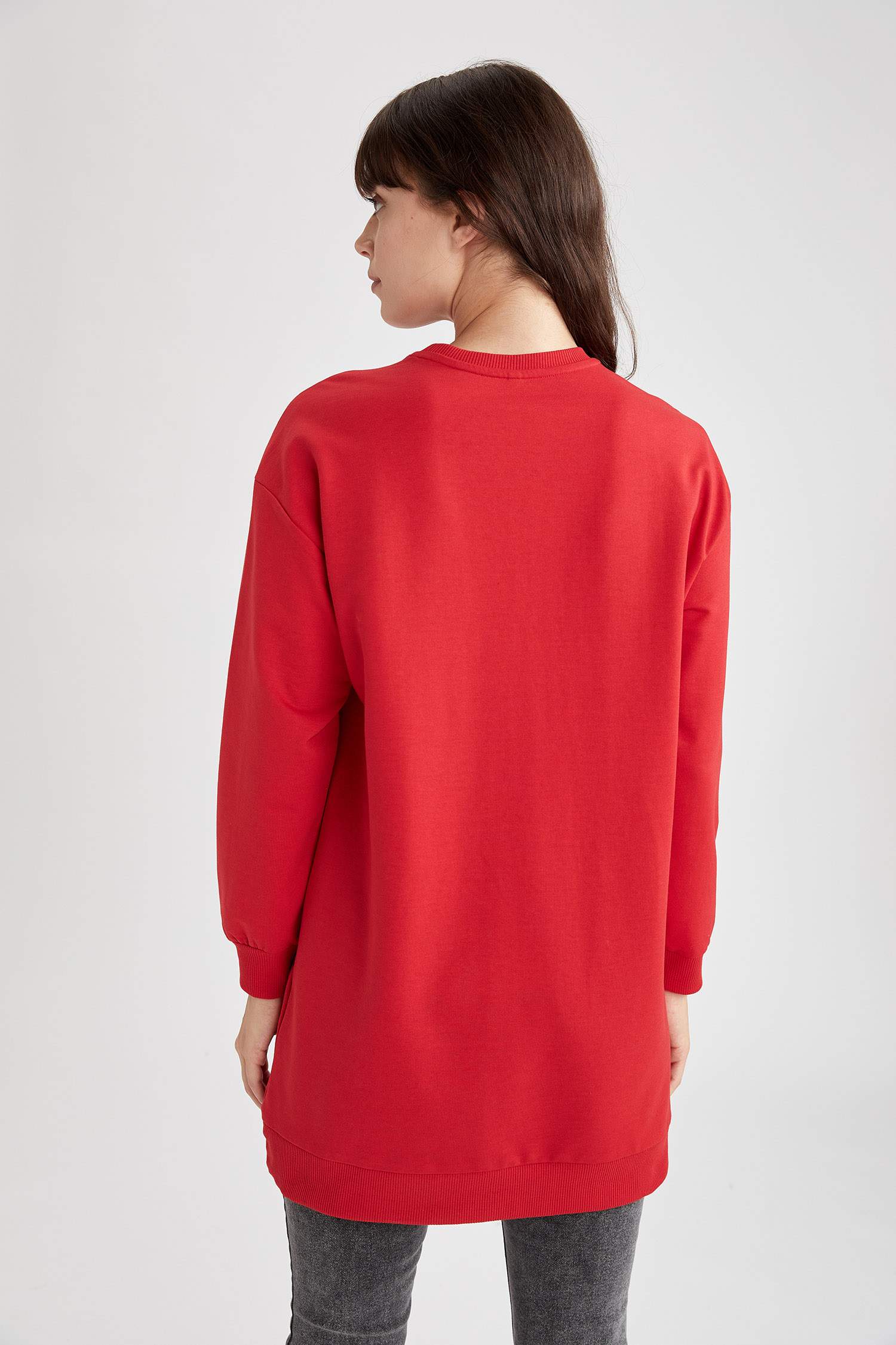Basic Ribana Kollu Pamuklu Oversize Fit İçi Yumuşak Tüylü Sweat Tunik