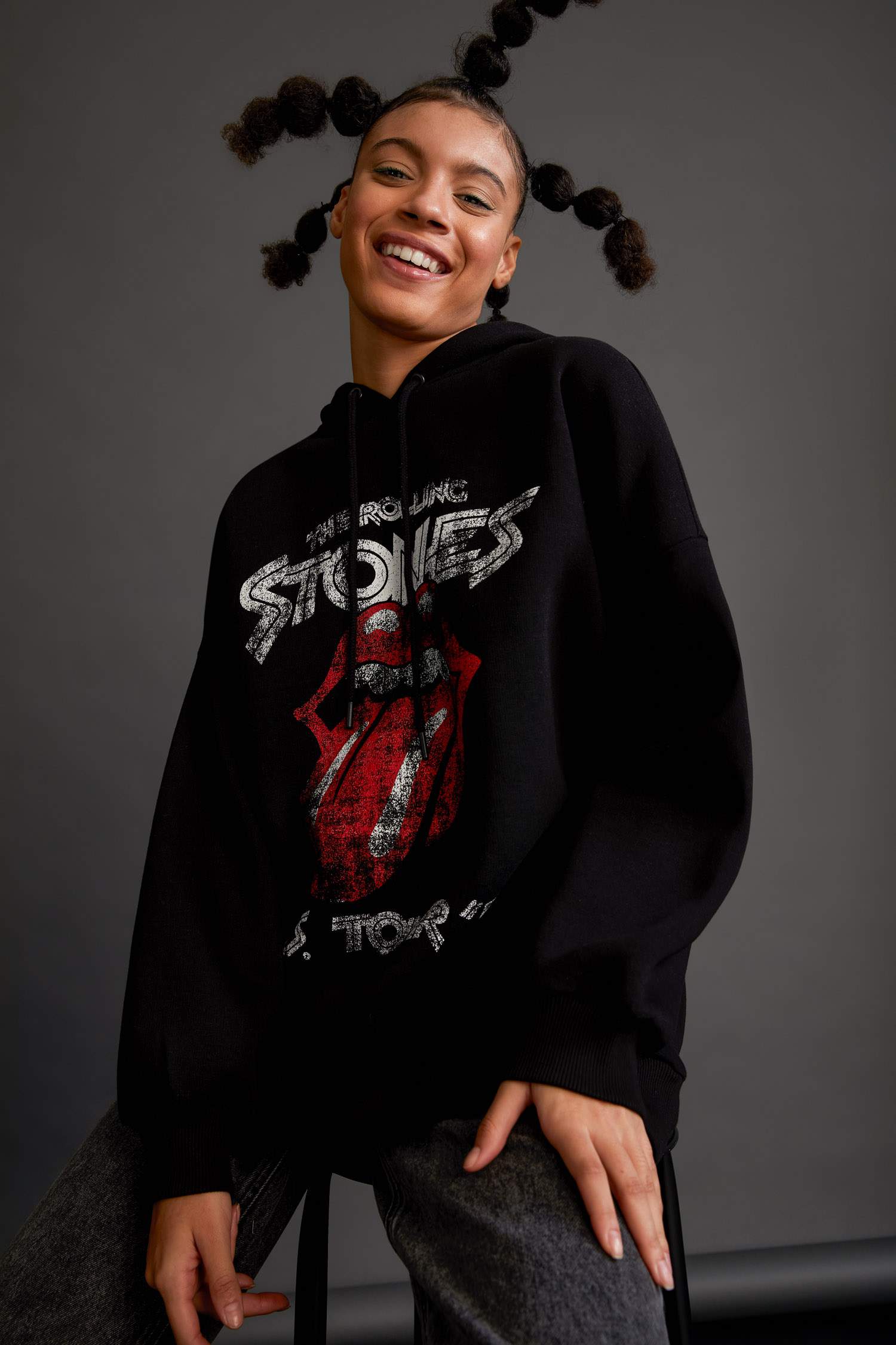 Oversize Fit Rolling Stones Lisanslı Kapüşonlu Sweatshirt