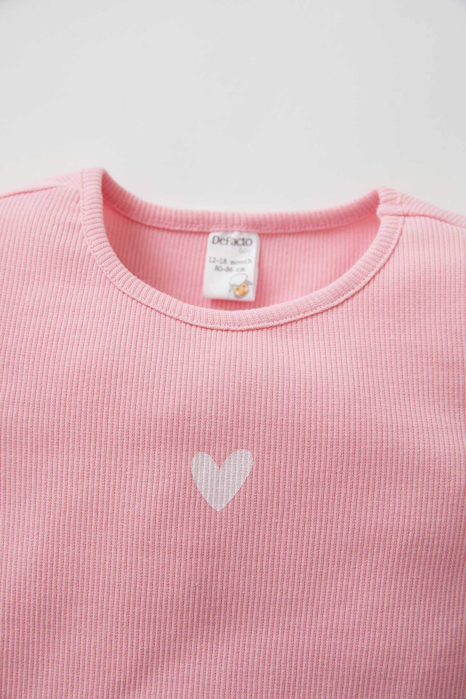 Kız Bebek Kalp Baskılı Fitilli Esnek Dokulu Kısa Kollu Pijama Takımı