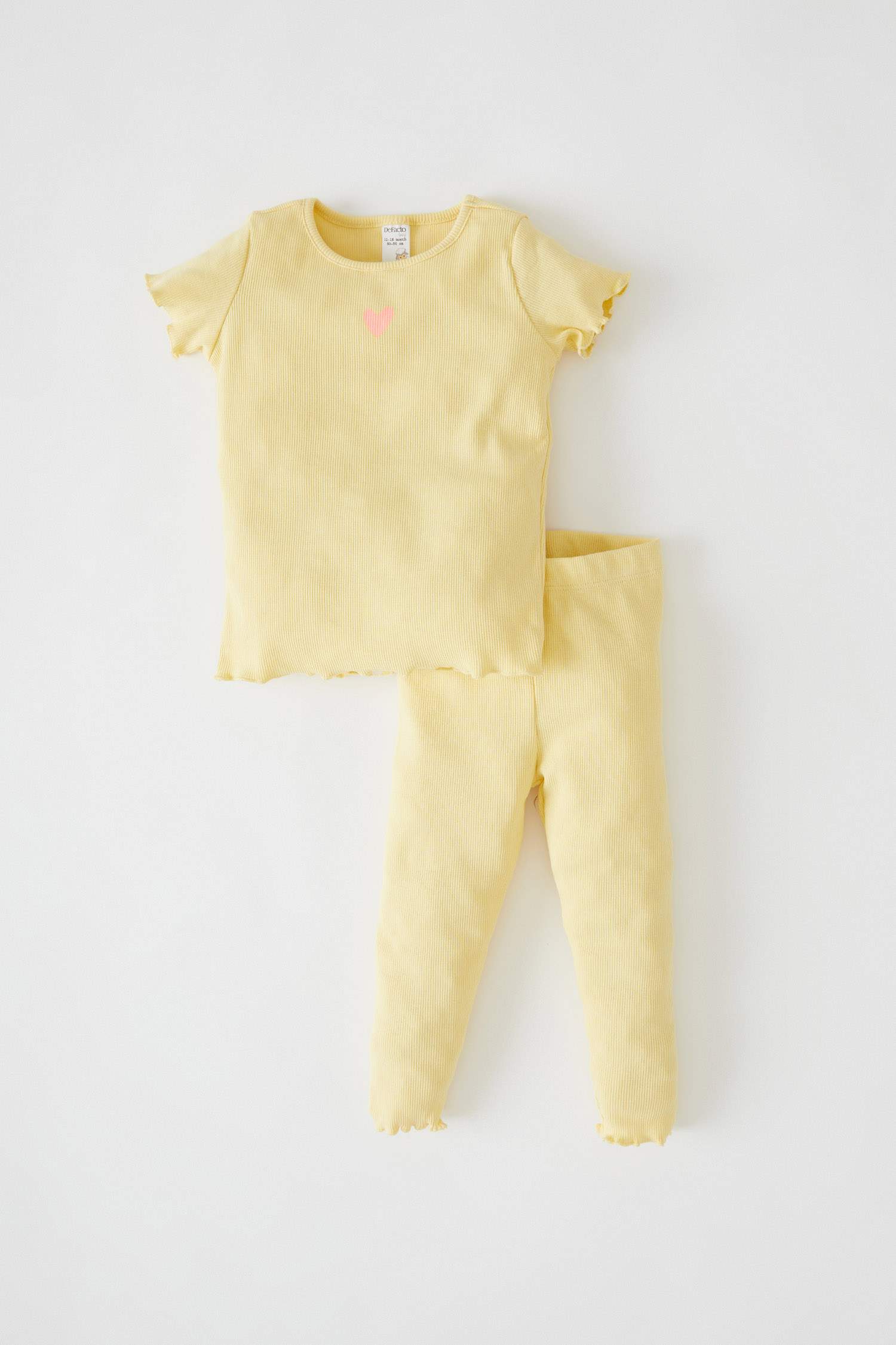 Kız Bebek Kalp Baskılı Fitilli Esnek Dokulu Kısa Kollu Pijama Takımı