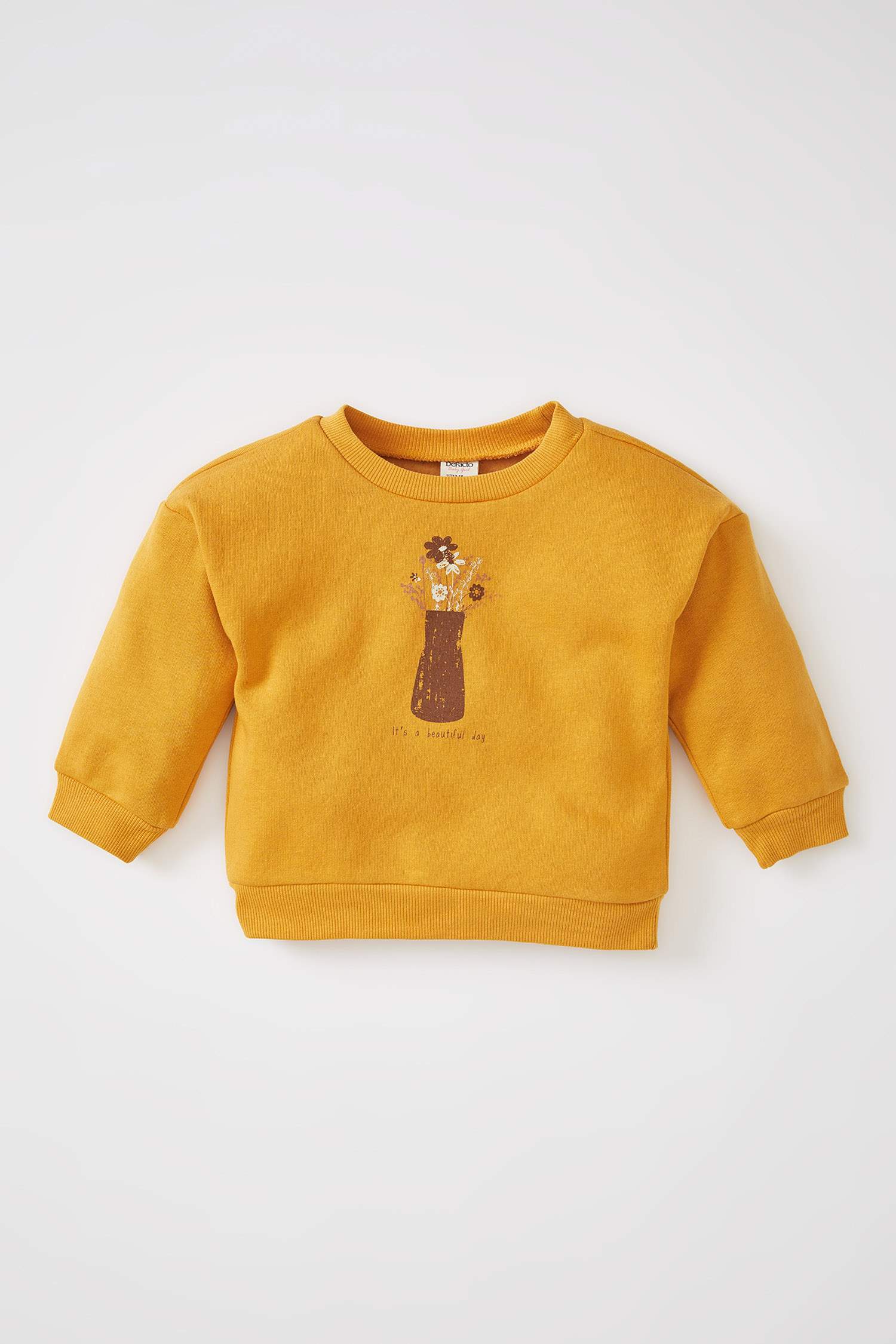 Kız Bebek Regular Fit Bisiklet Yaka Baskılı İçi Yumuşak Tüylü Sweatshirt