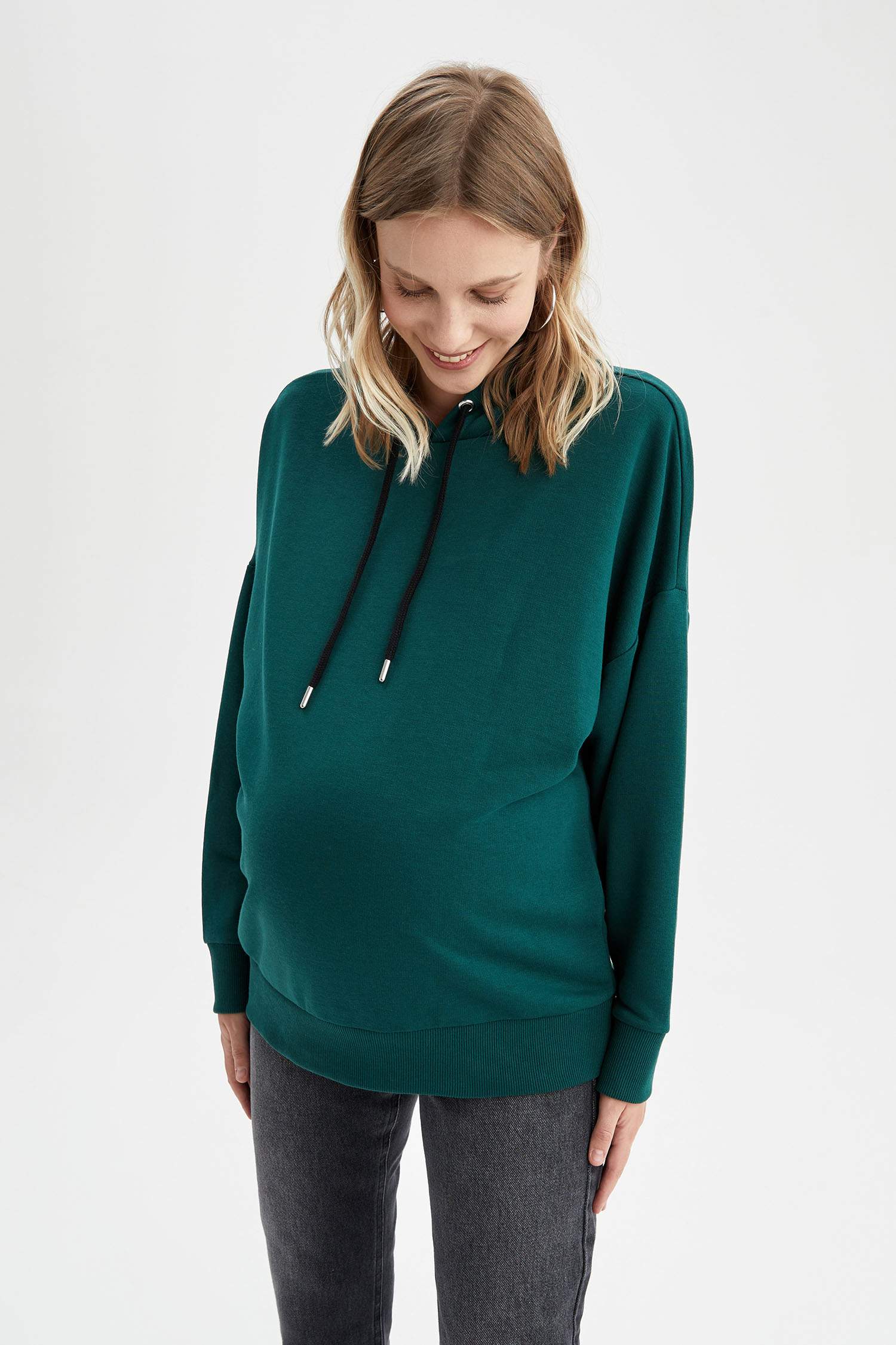 Regular Fit Kapüşonlu Basic Uzun Kollu Hamile Sweatshirt