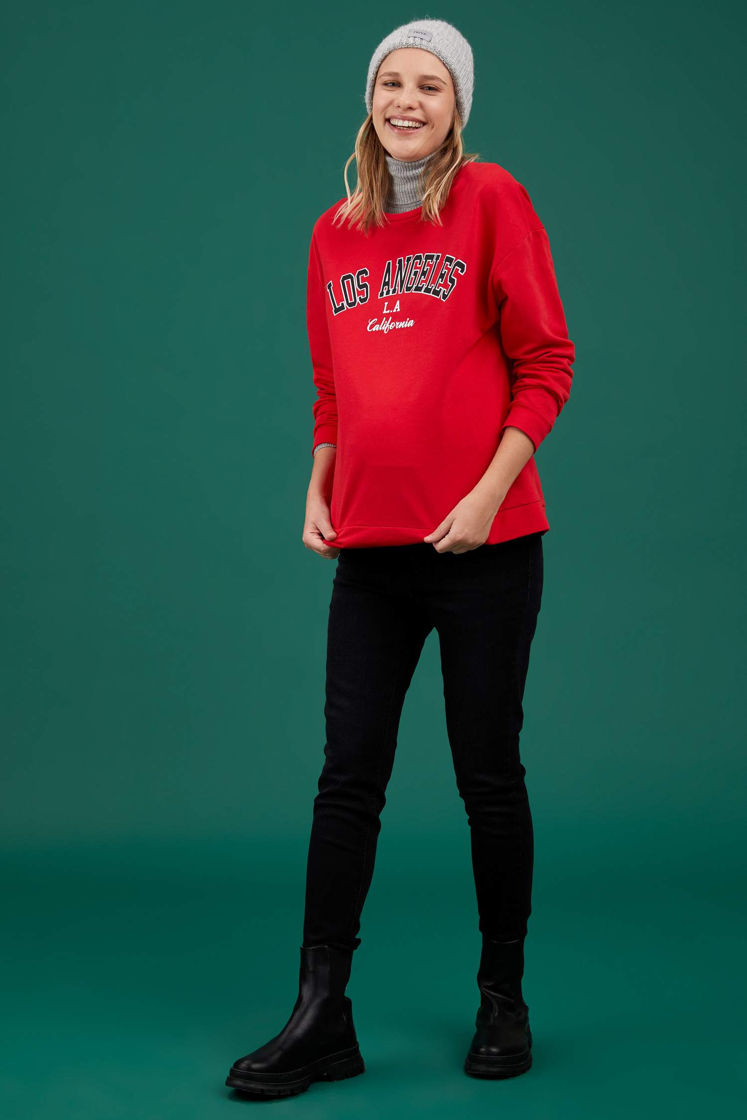Regular Fit Bisiklet Yaka Baskılı Hamile Sweatshirt