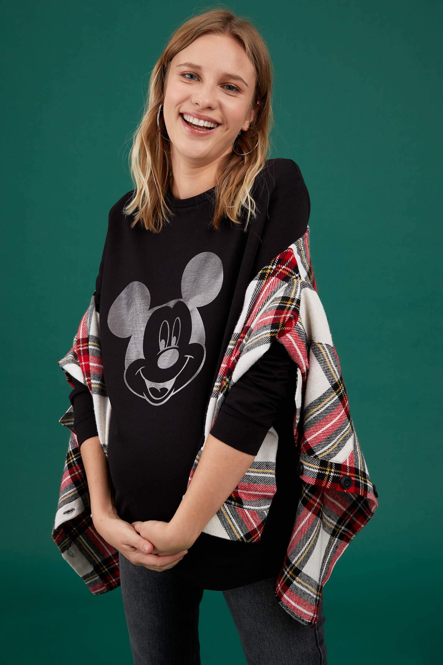 Hamile Disney Mickey ve Minnie Lisanslı Bisiklet Yaka Uzun Kollu Tişört