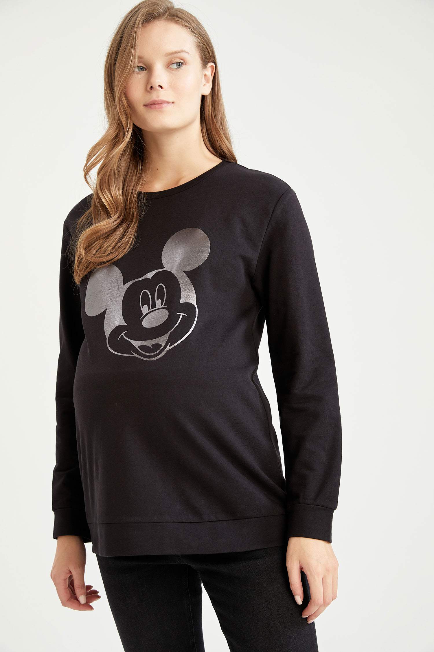 Hamile Disney Mickey ve Minnie Lisanslı Bisiklet Yaka Uzun Kollu Tişört