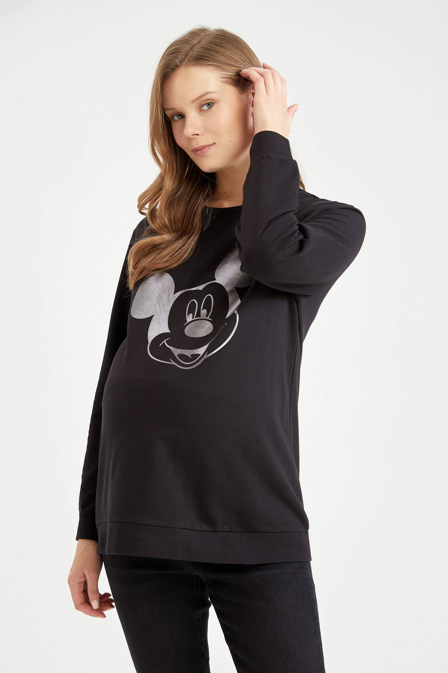 Hamile Disney Mickey ve Minnie Lisanslı Bisiklet Yaka Uzun Kollu Tişört