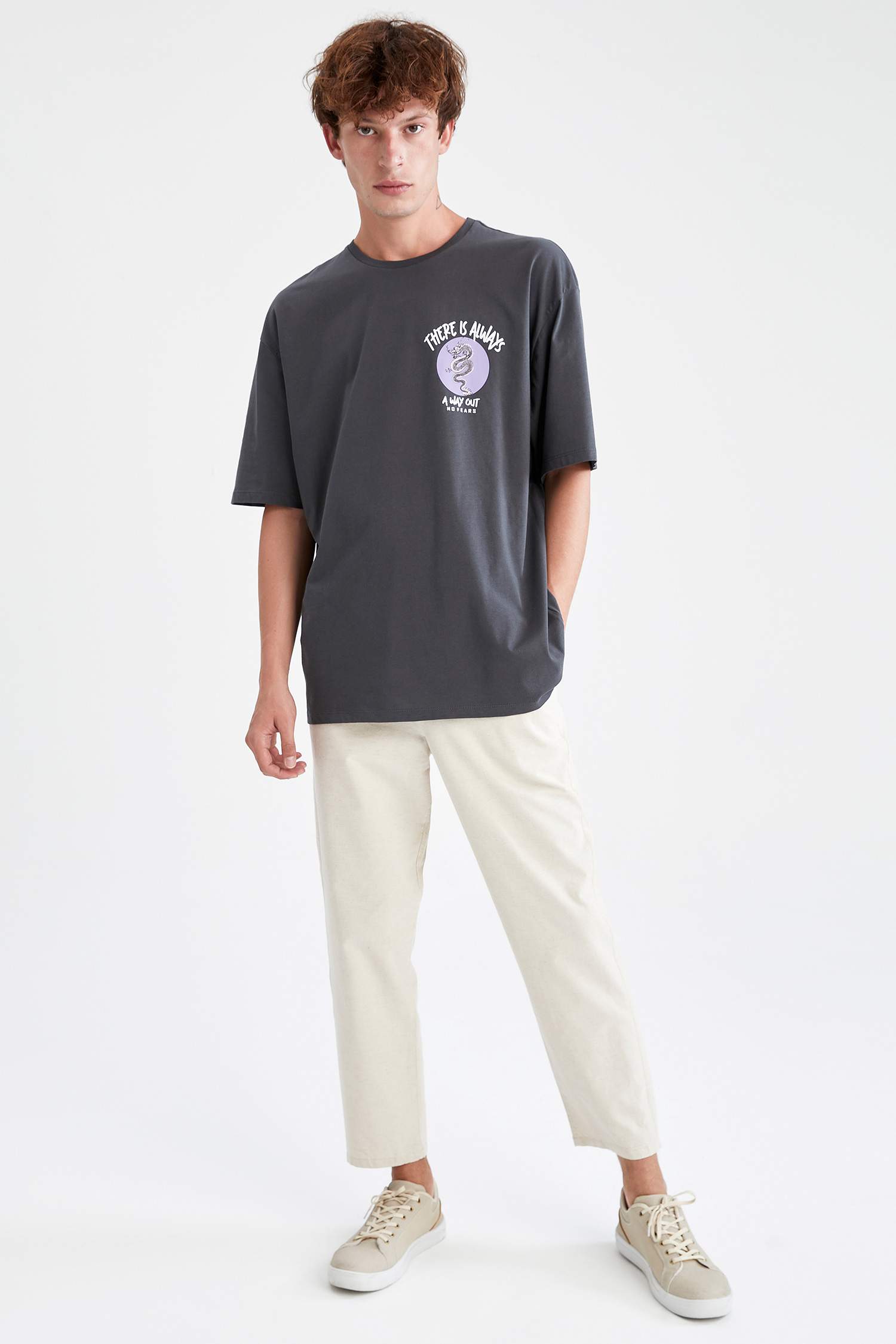 Crop Fit Keten Karışımlı Chino Pantolon