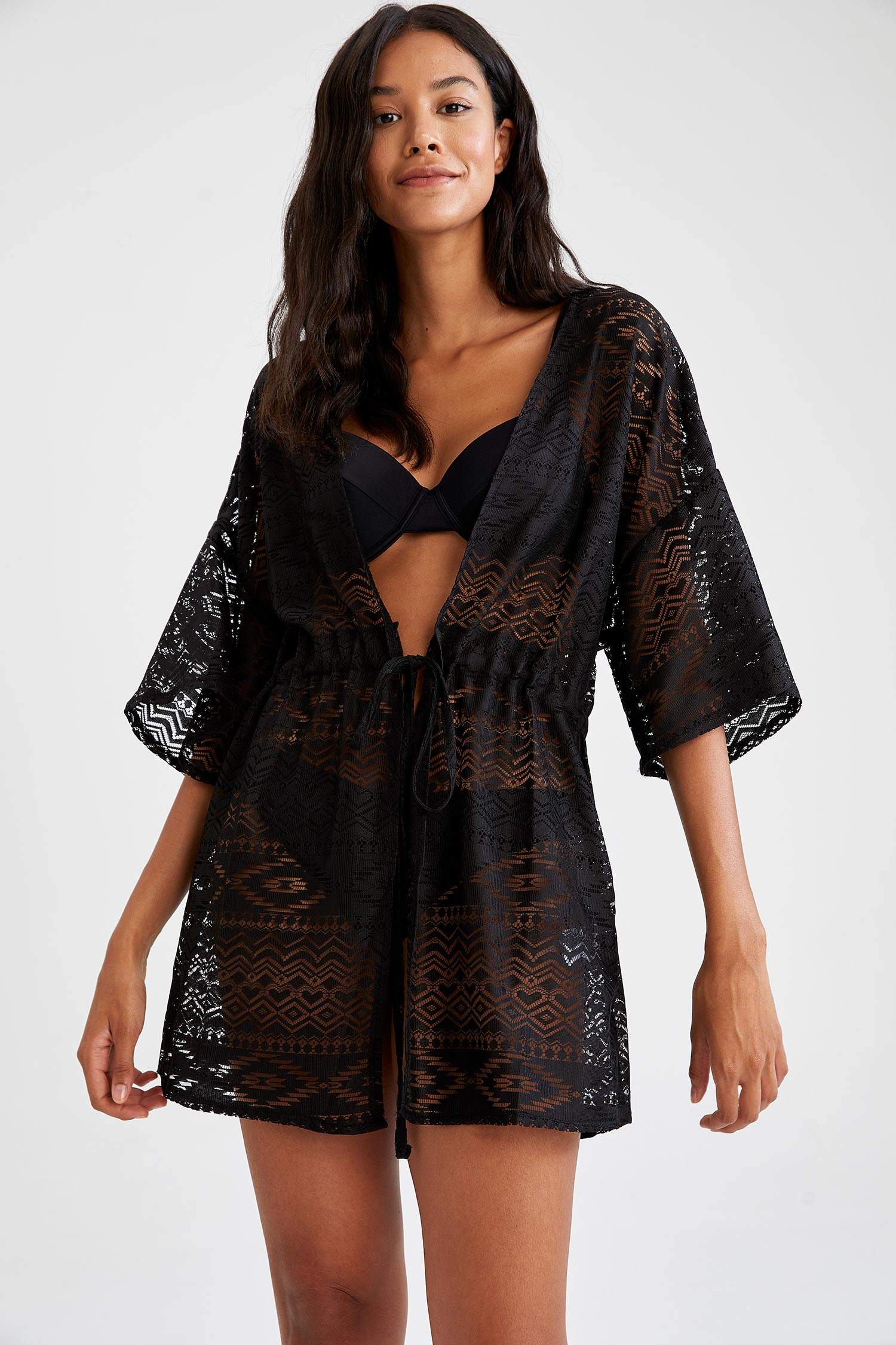 Etnik Desenli Bağcıklı Dantel Yazlık Kimono