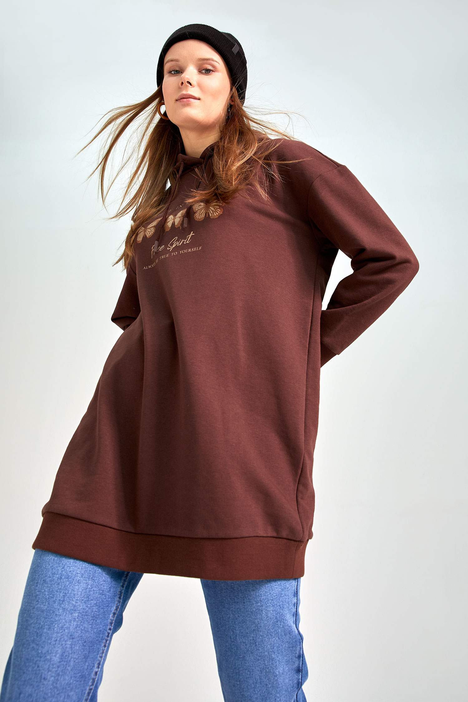 Oversize Fit Slogan Baskılı Kapüşonlu Kalın Sweatshirt Kumaşı Sweatshirt Tunik