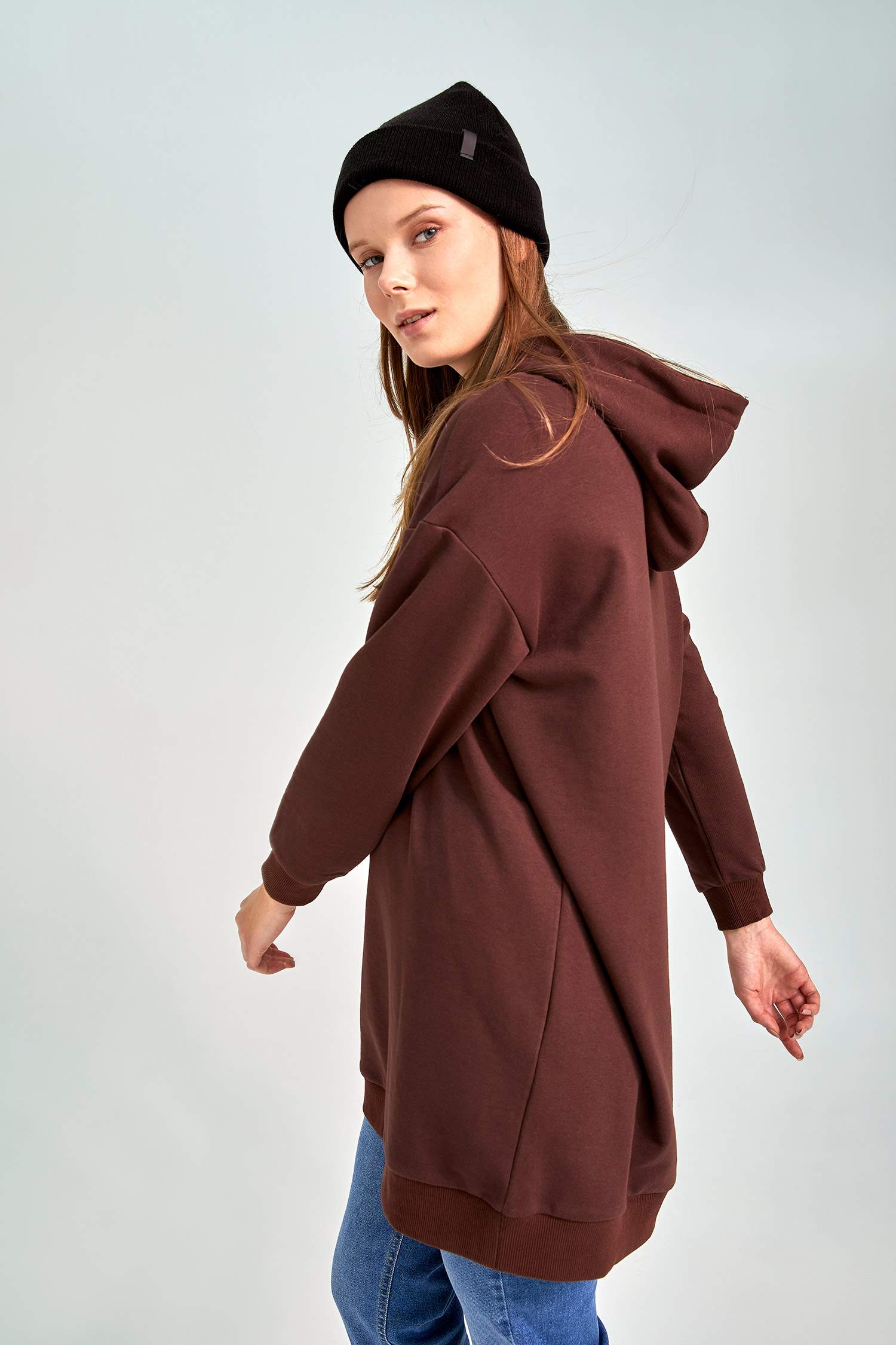 Oversize Fit Slogan Baskılı Kapüşonlu Kalın Sweatshirt Kumaşı Sweatshirt Tunik