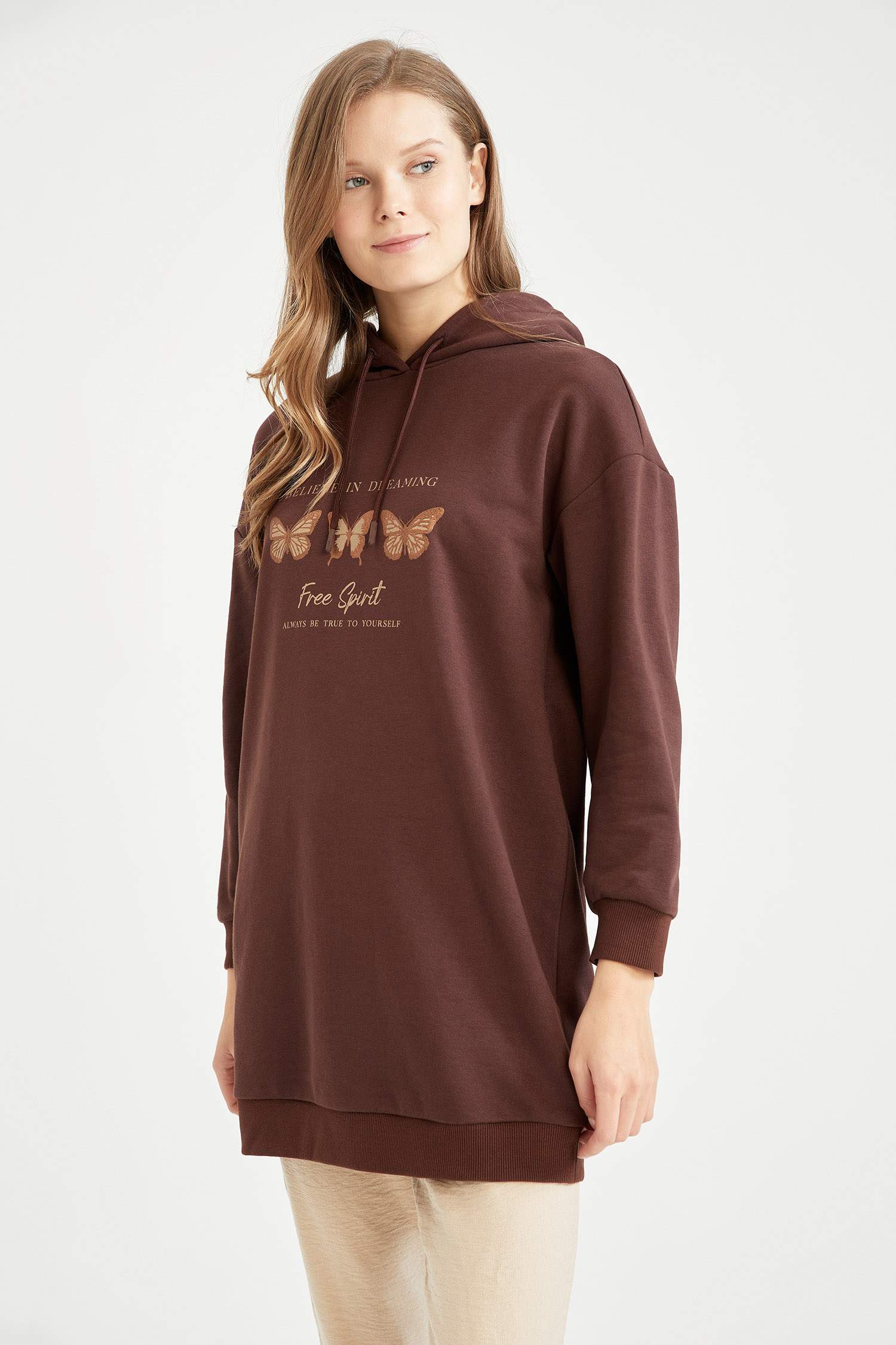 Oversize Fit Slogan Baskılı Kapüşonlu Kalın Sweatshirt Kumaşı Sweatshirt Tunik