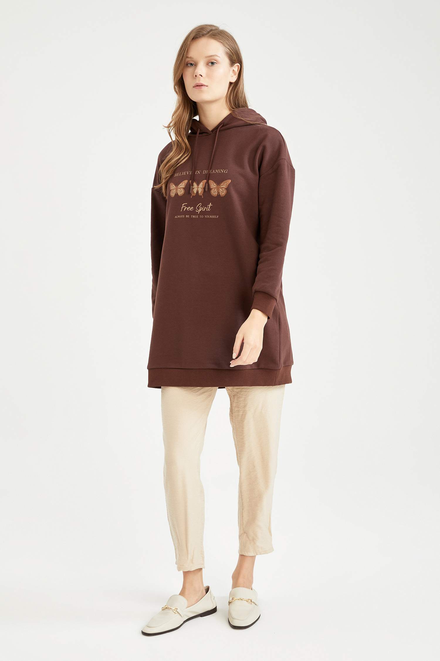 Oversize Fit Slogan Baskılı Kapüşonlu Kalın Sweatshirt Kumaşı Sweatshirt Tunik