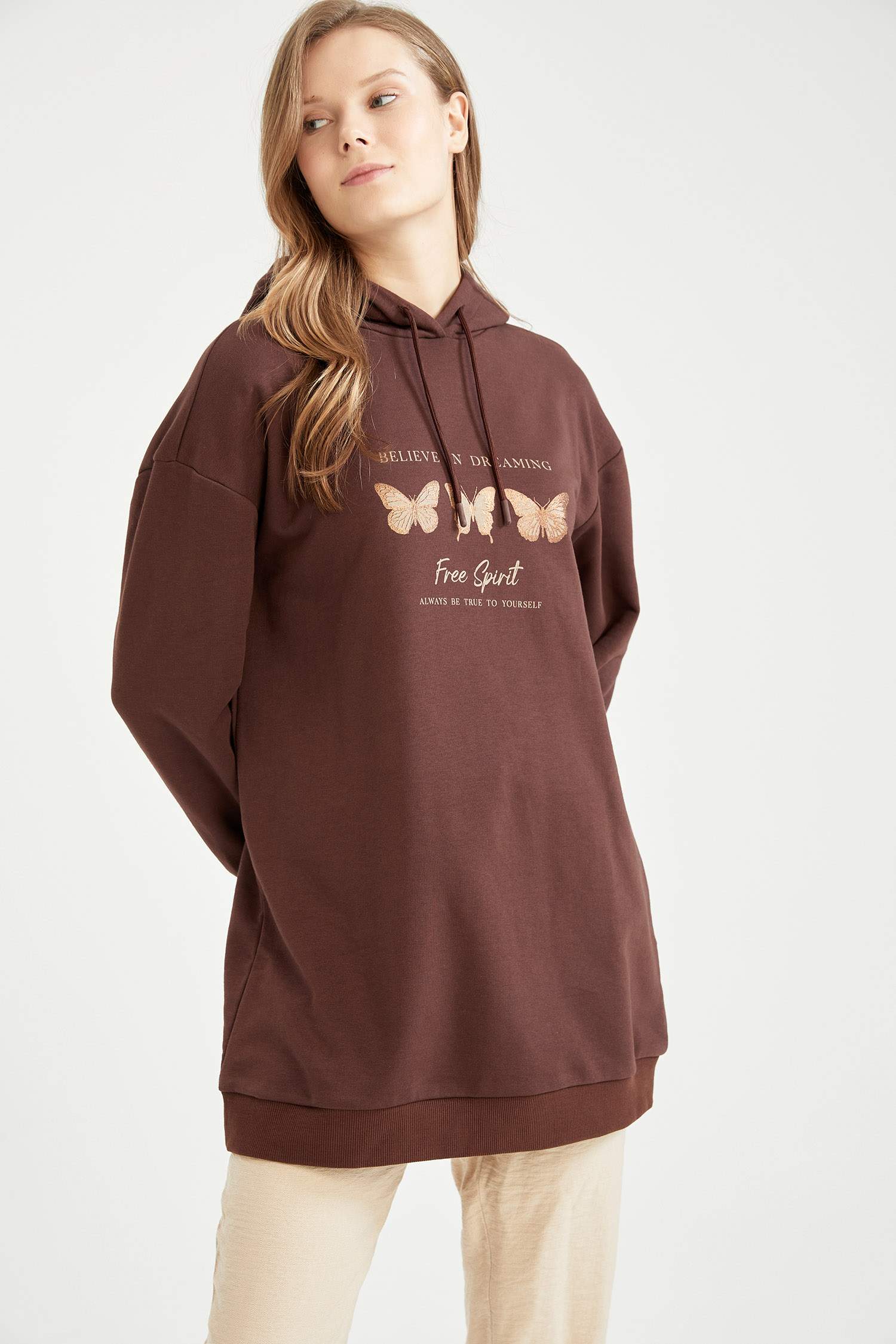 Oversize Fit Slogan Baskılı Kapüşonlu Kalın Sweatshirt Kumaşı Sweatshirt Tunik