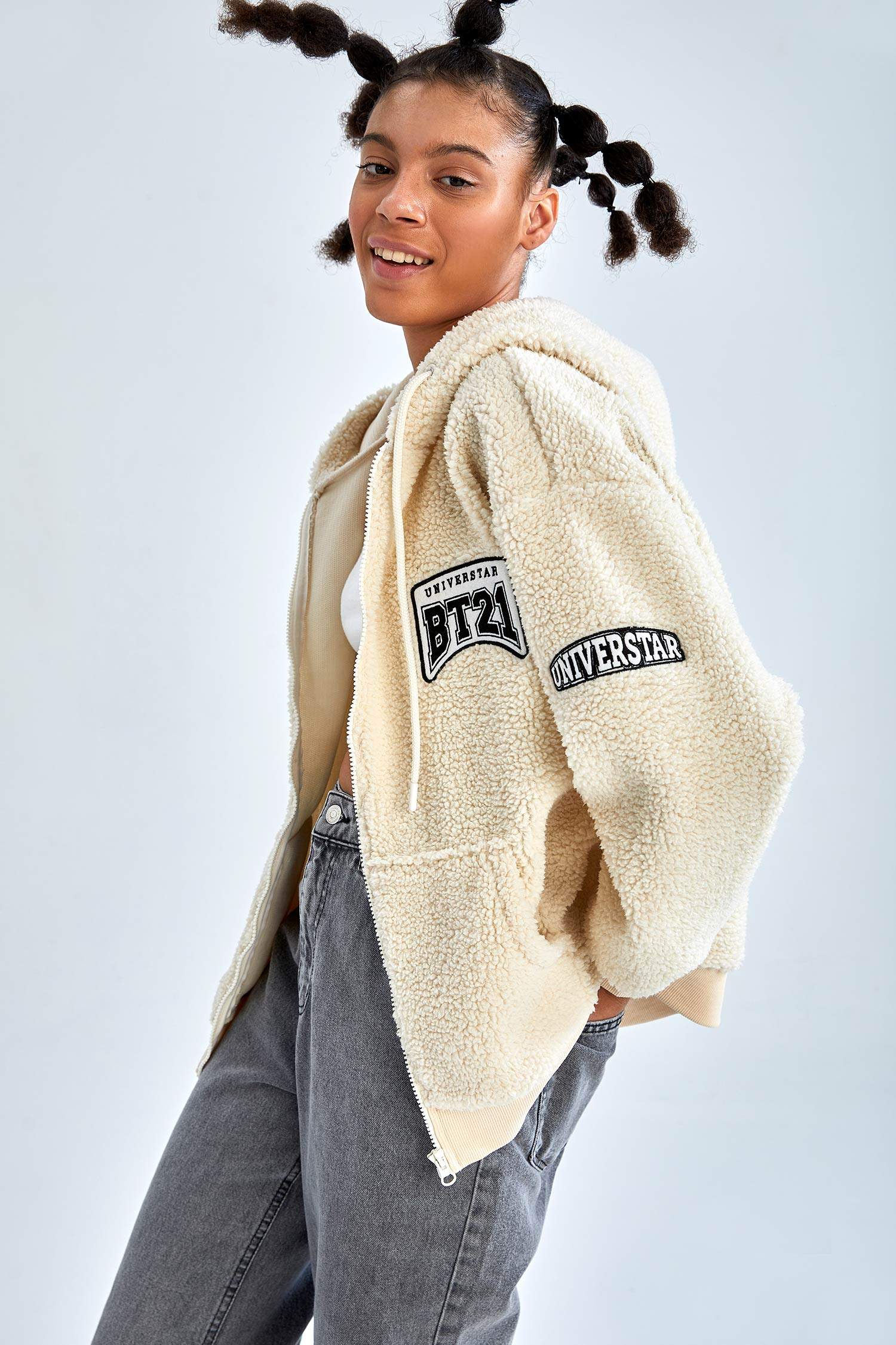 Coool BT21 Lisanslı Regular Fit Kapüşonlu Pelüş Uzun Kollu Hırka