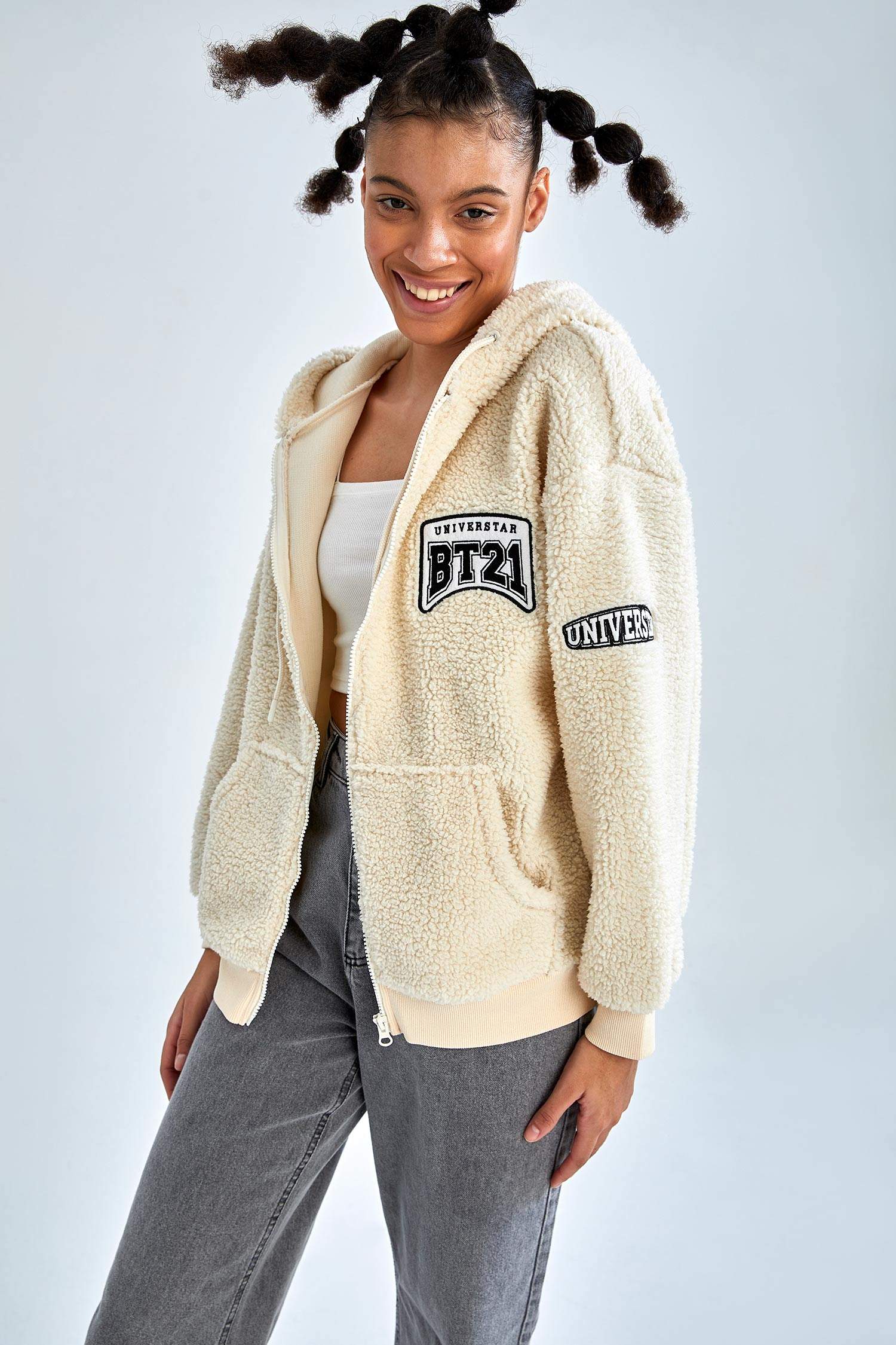 Coool BT21 Lisanslı Regular Fit Kapüşonlu Pelüş Uzun Kollu Hırka