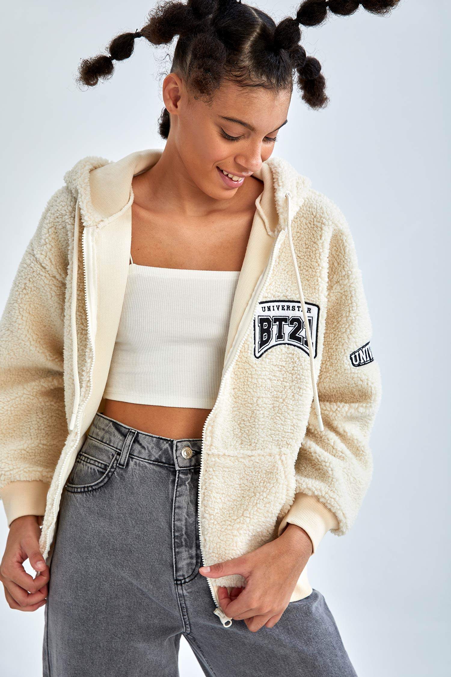 Coool BT21 Lisanslı Regular Fit Kapüşonlu Pelüş Uzun Kollu Hırka