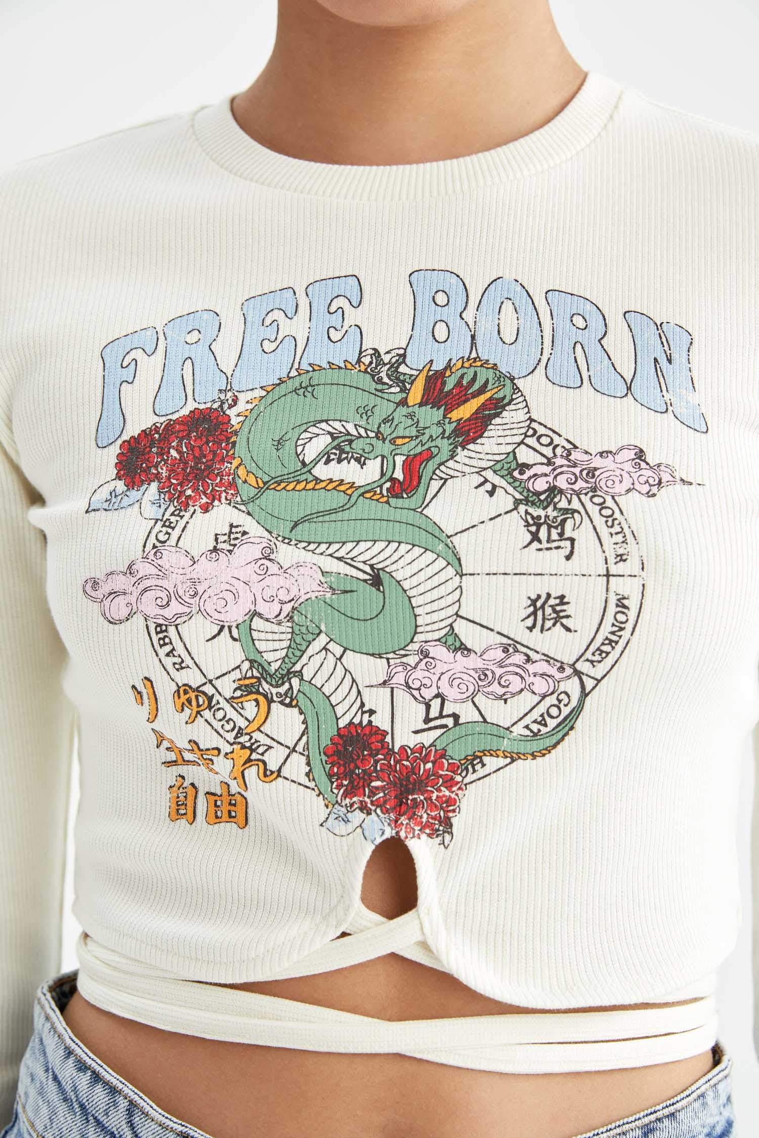 Coool Slogan Baskılı Beli Bağlama Detaylı Uzun Kollu Crop Tişört