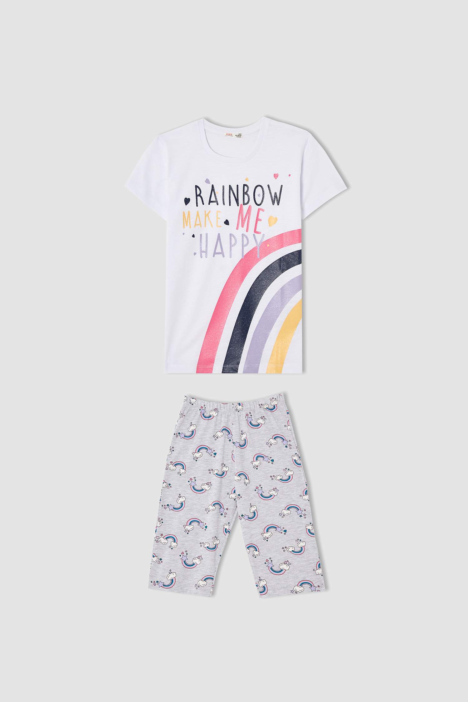 Kız Çocuk Gökkuşağı Baskılı Kısa Kollu Kapri Pijama Takımı