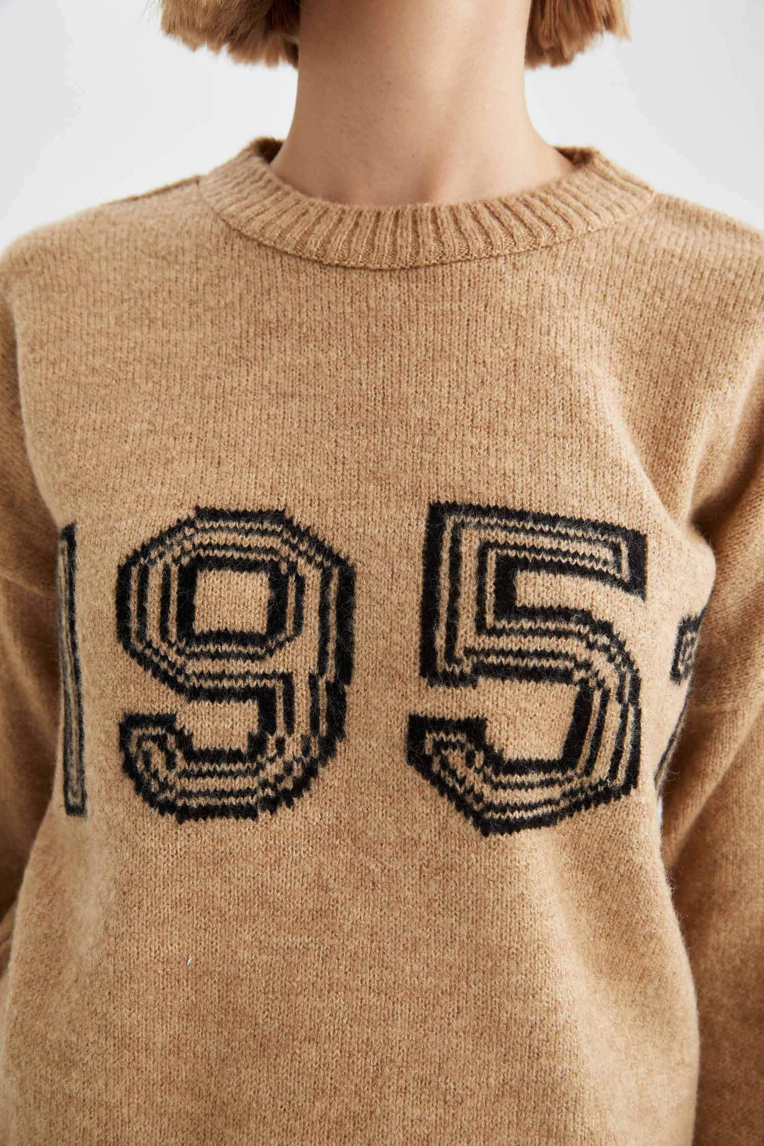 Bisiklet Yaka Oversize Fit İşlemeli Triko Kazak