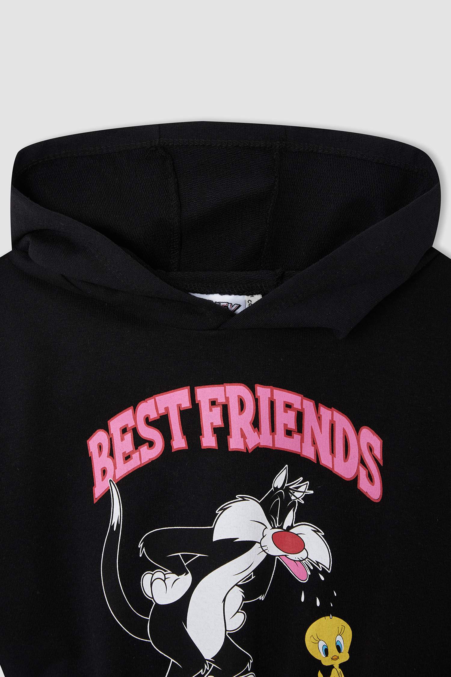Kız Çocuk Looney Tunes Lisanslı Kapüşonlu Crop Sweatshirt