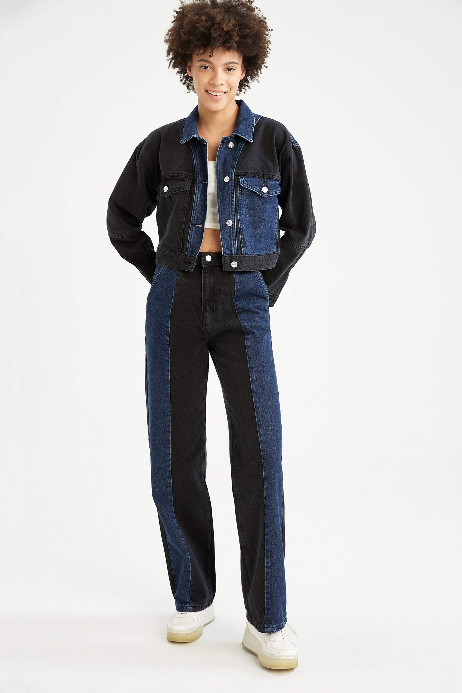 Renk Bloklu Oversize Fit Crop Jean Ceket