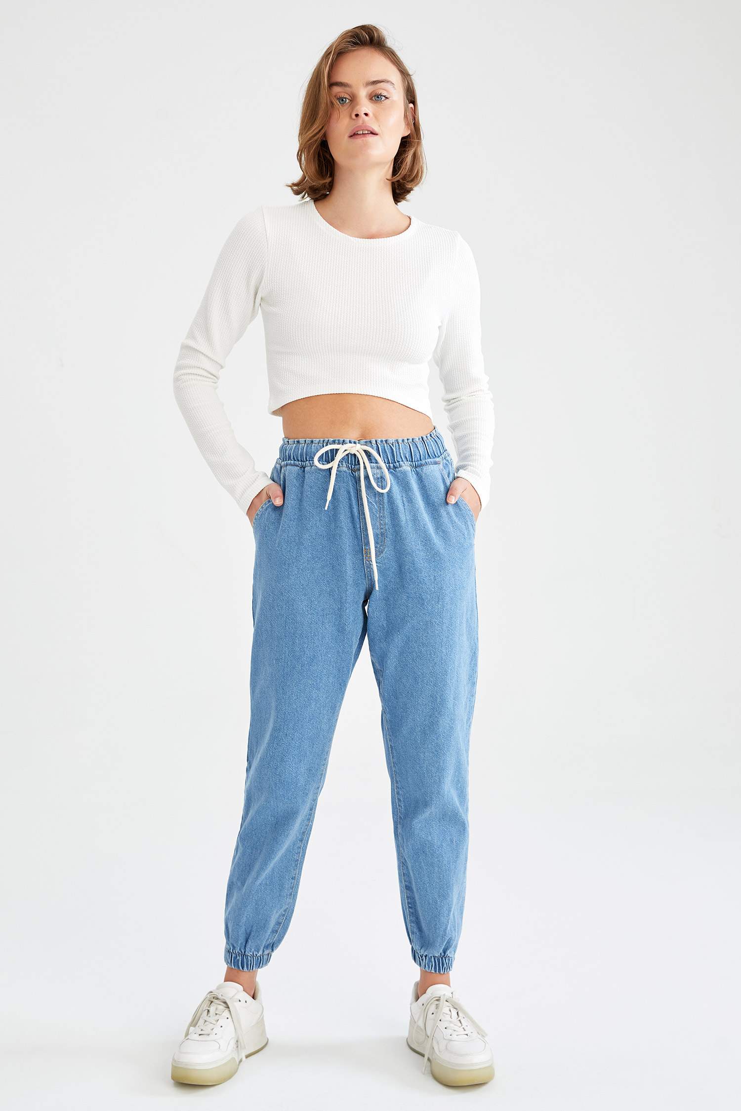 Beli Bağcıklı Yüksek Bel Yıkamalı Jean Jogger Pantolon